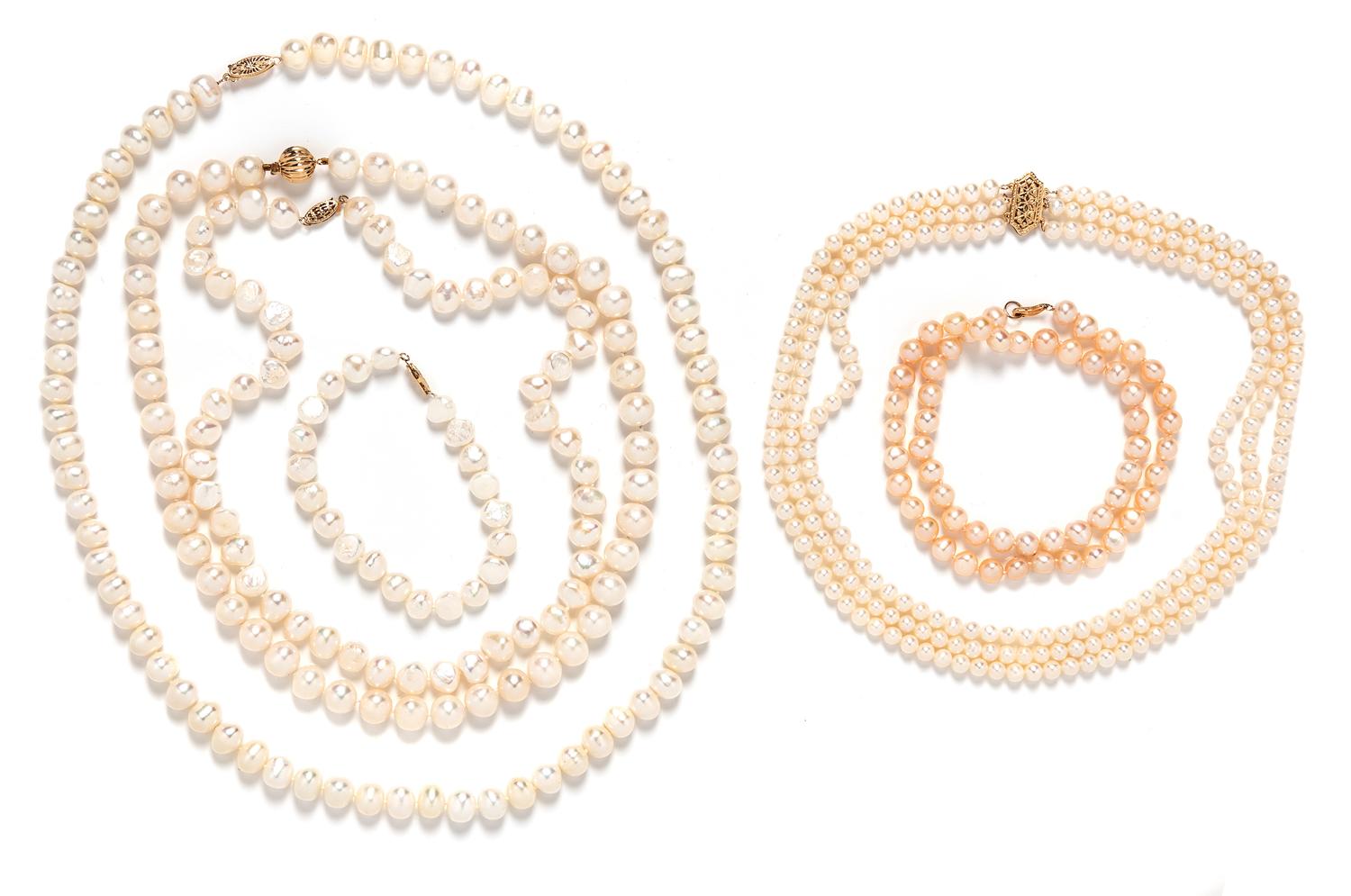 A Collection of 14 Karat Yellow Gold and Cultured Pearl Jewelry,