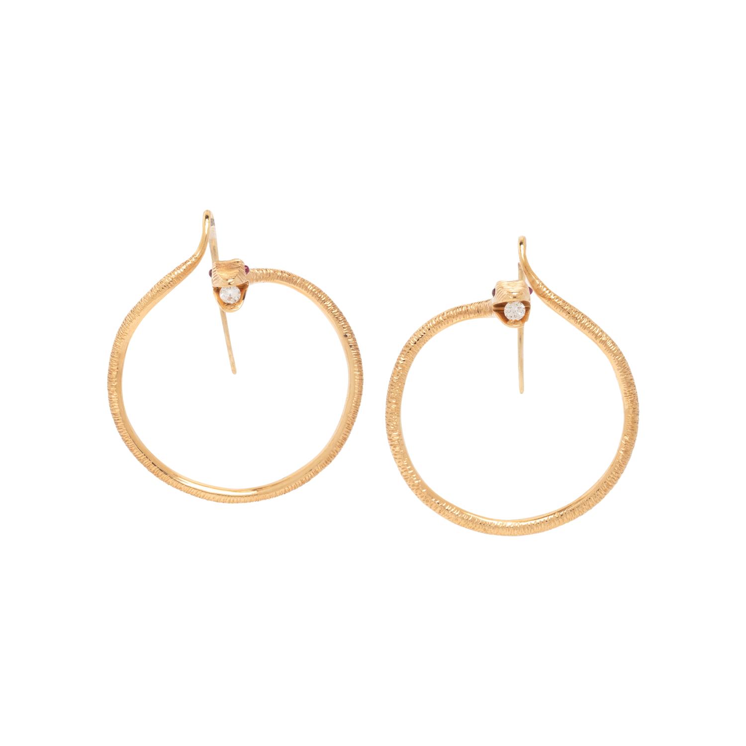 VERDURA, YELLOW GOLD AND RUBY SERPENT HOOP EARRINGS