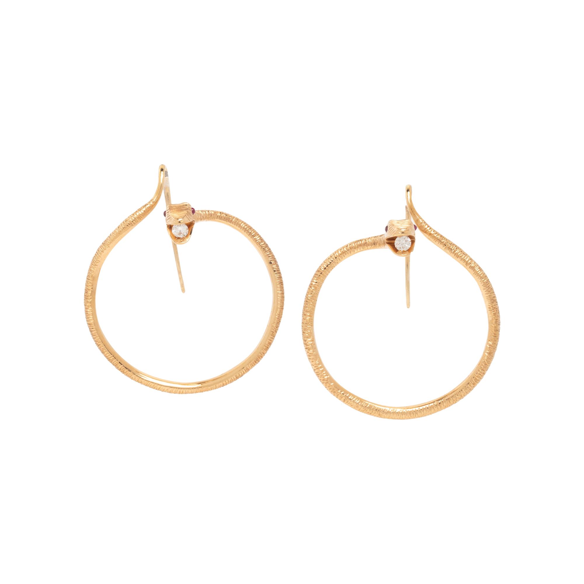 VERDURA, YELLOW GOLD AND RUBY SERPENT HOOP EARRINGS