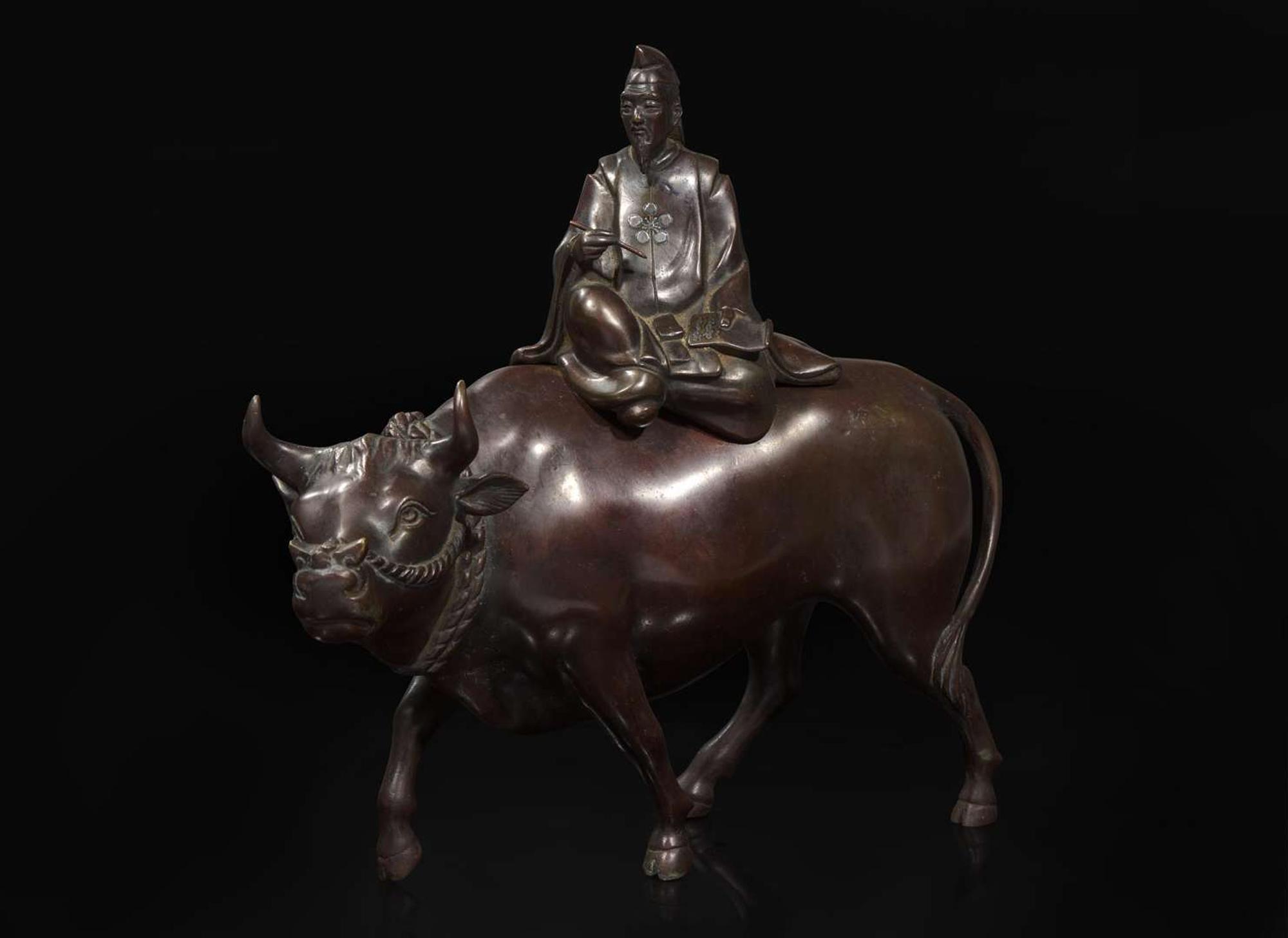 A Japanese silver-inlaid patinated bronze “Poet and Oxen” censer, Edo to Meiji period 日本嵌銀加漆高士與牛銅香爐 江戶或明治