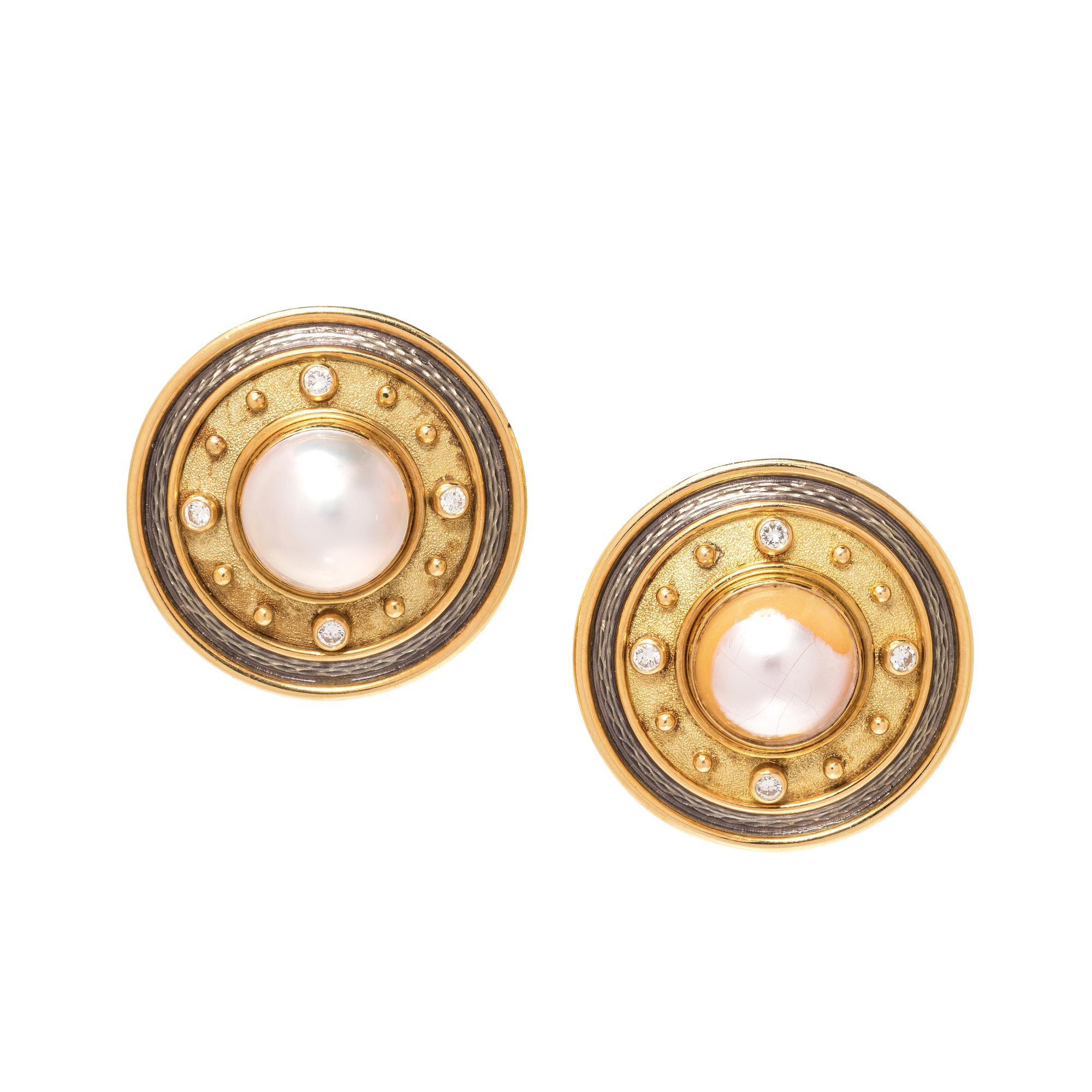 DE VROOMEN, YELLOW GOLD, CULTURED MABE PEARL AND DIAMOND EARCLIPS