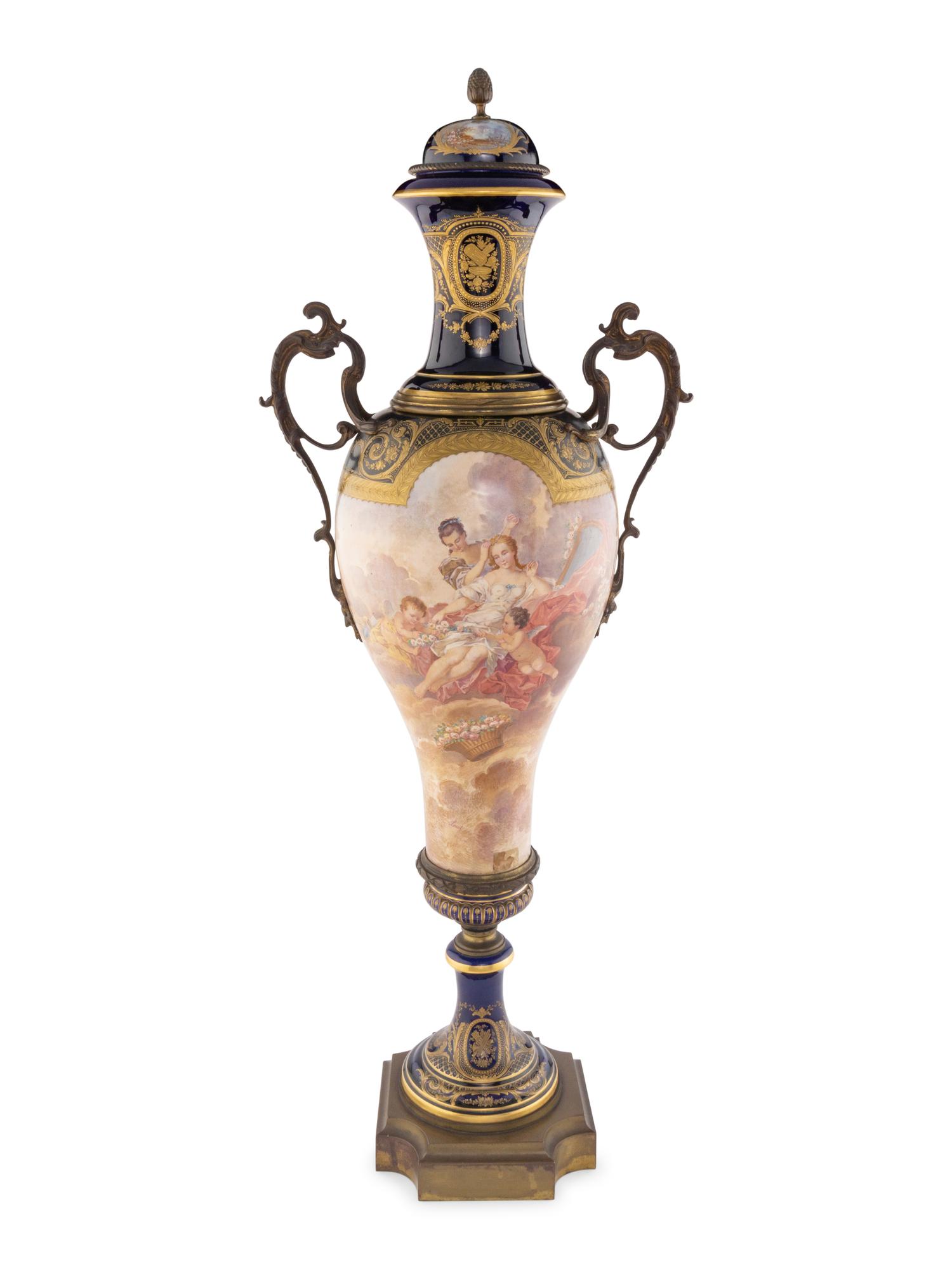 A Monumental Sèvres Style Gilt Bronze Mounted Porcelain Palace Vase