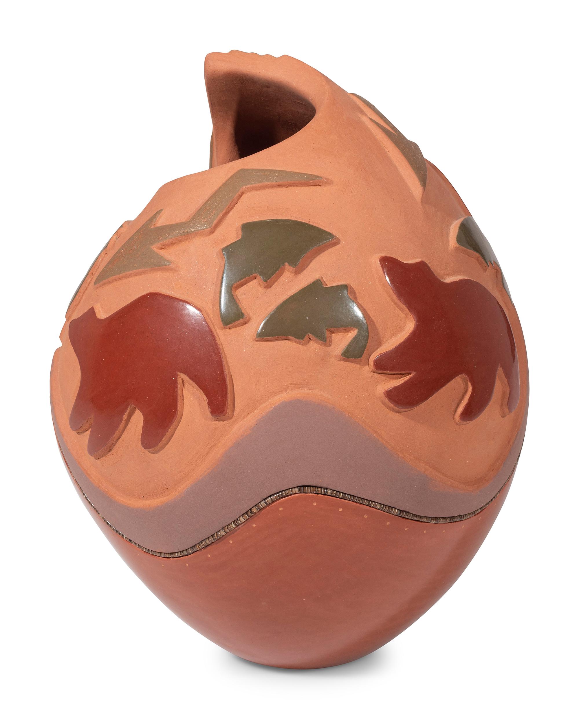 Red, Green, and Tan Pottery Vase