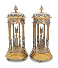A Pair of French Gilt Bronze and Champlevé Enamel Stands with Interior Sphinxes