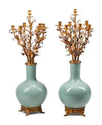 A Pair of Large Gilt Bronze Mounted Celadon-Glazed Porcelain Candelabra