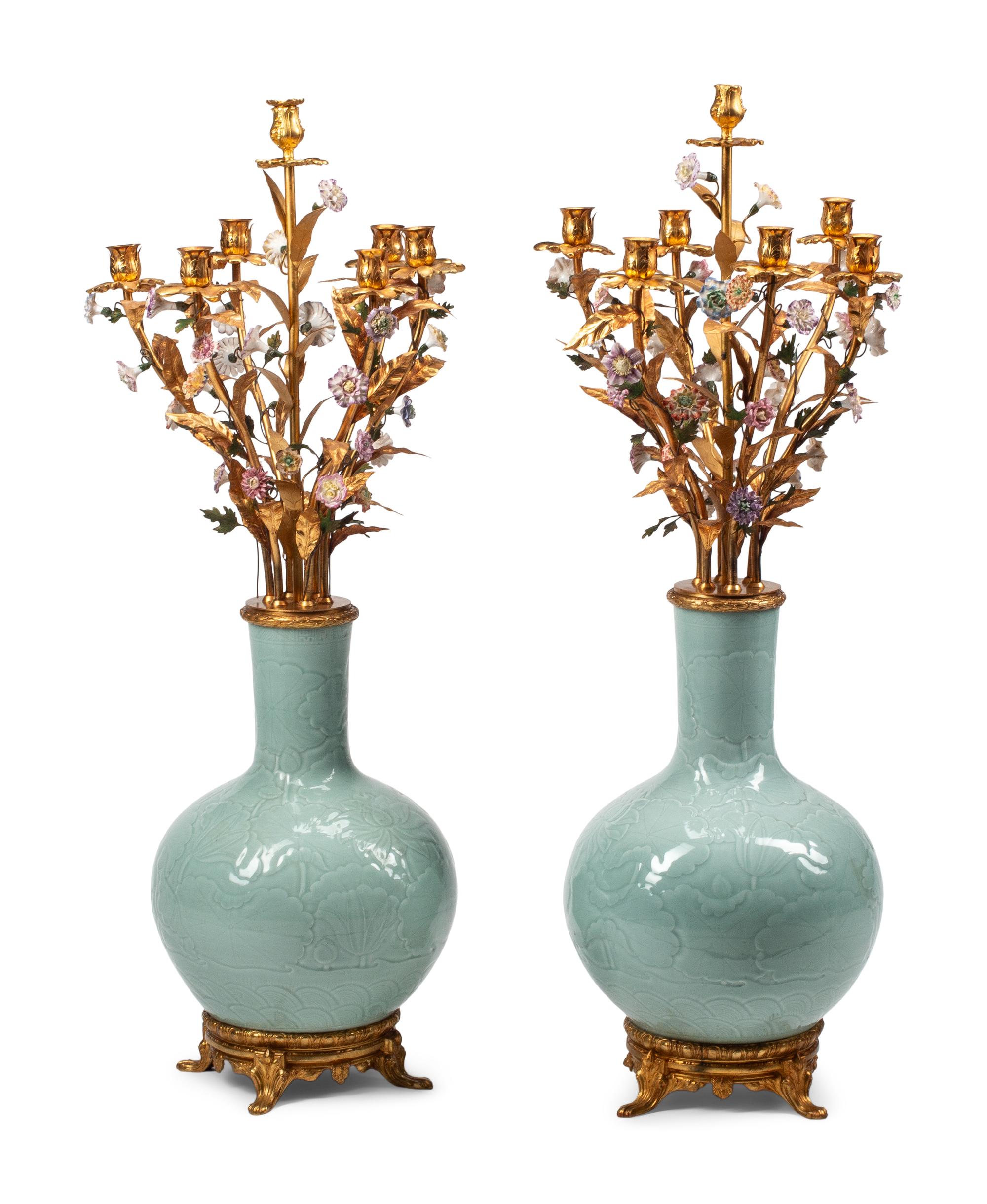 A Pair of Large Gilt Bronze Mounted Celadon-Glazed Porcelain Candelabra