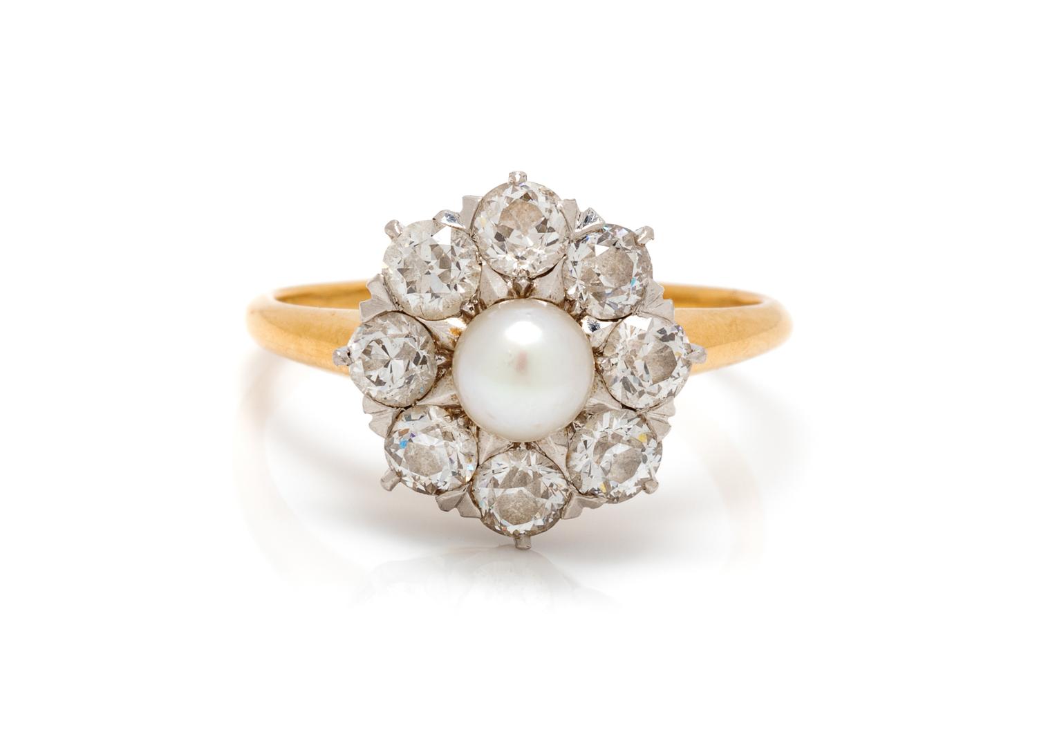 A Victorian Platinum, Yellow Gold, Pearl and Diamond Ring, Spaulding & Co., 3.10 dwts.