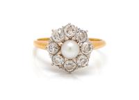 A Victorian Platinum, Yellow Gold, Pearl and Diamond Ring, Spaulding & Co., 3.10 dwts.