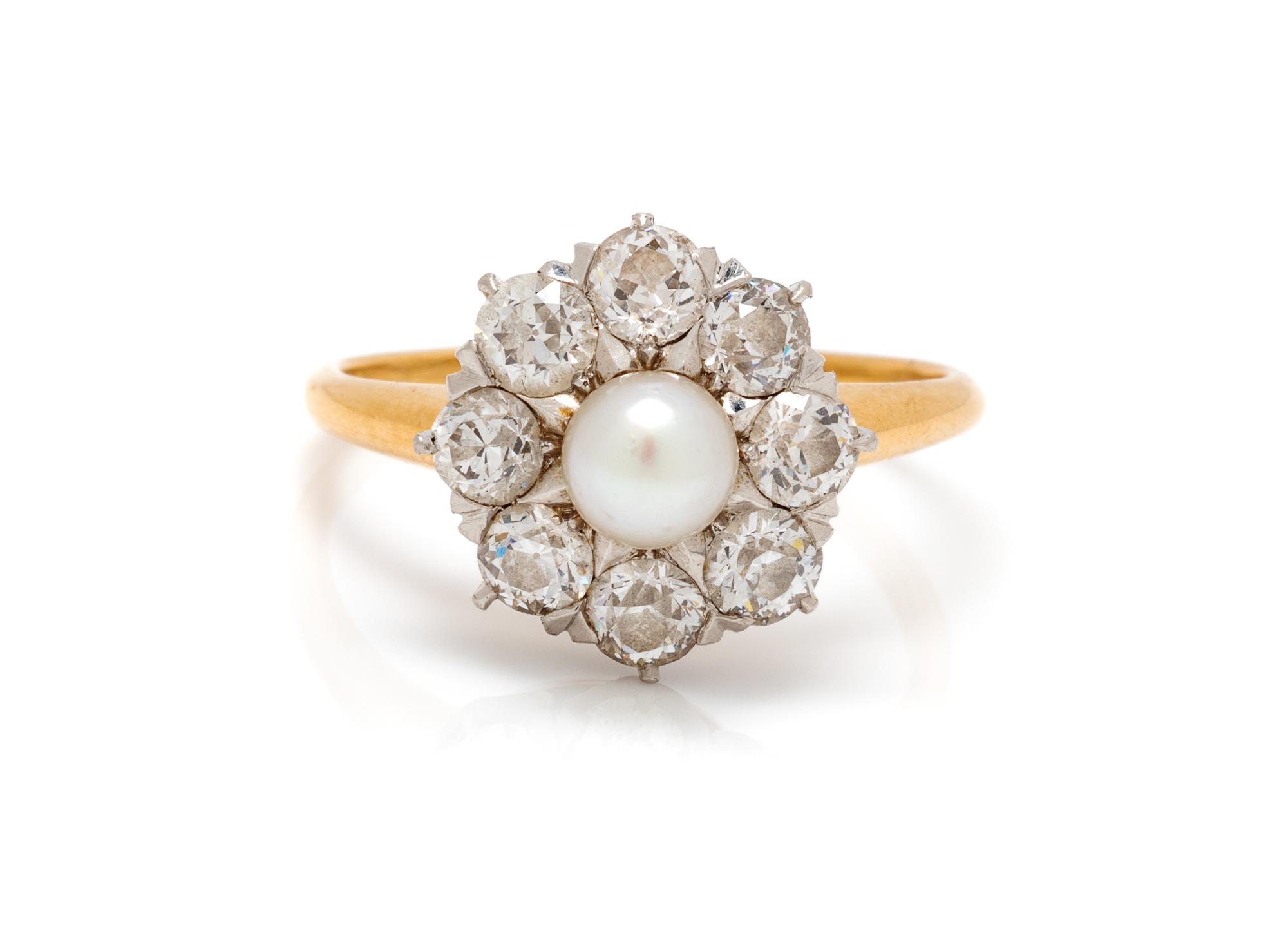 A Victorian Platinum, Yellow Gold, Pearl and Diamond Ring, Spaulding & Co., 3.10 dwts.