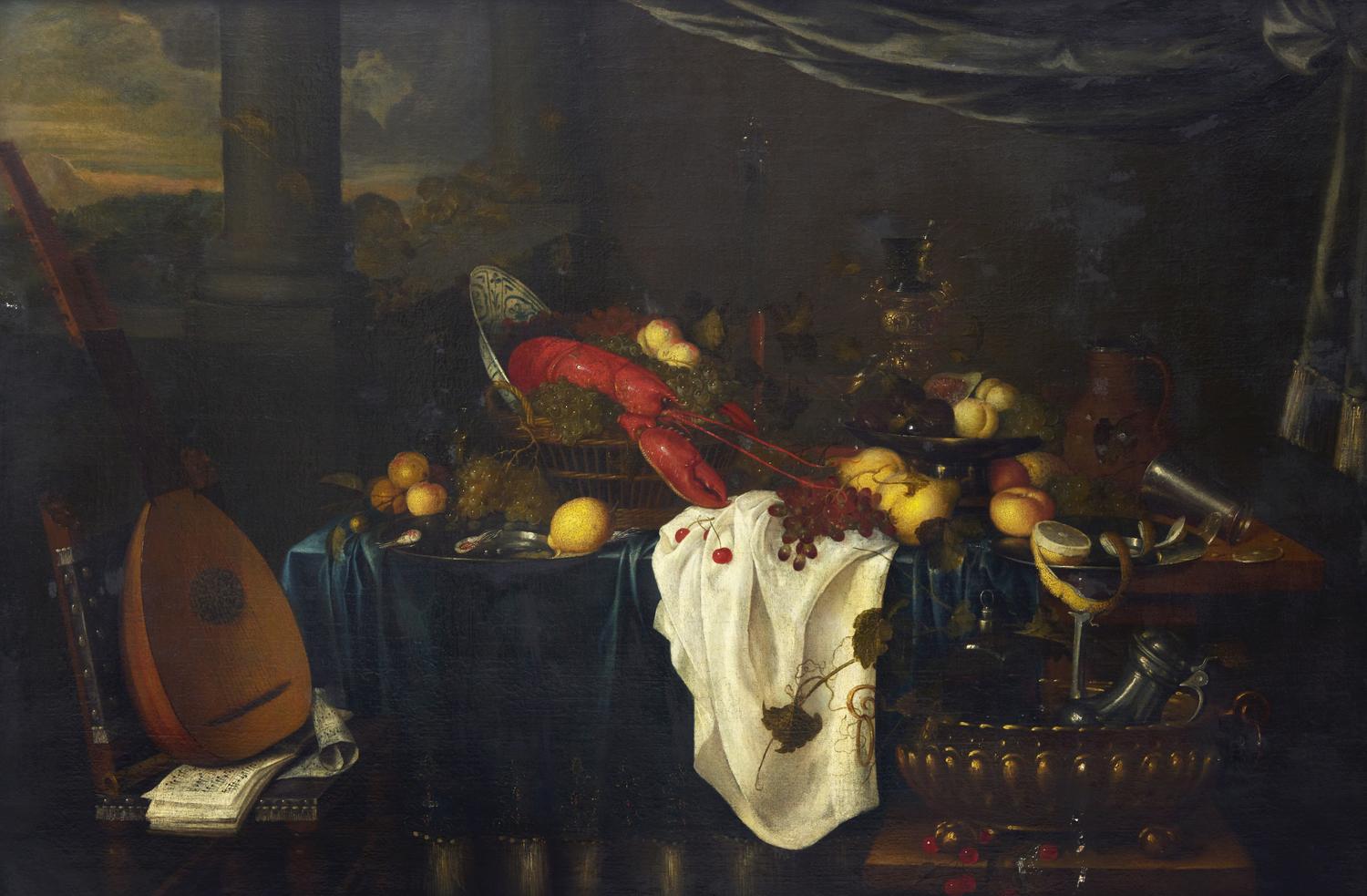 Flemish School (17th Century) — Tabletop Still Life with Lobster, Lemons, Grapes, a Lute, and Tankards, 1648