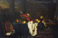 Flemish School (17th Century) — Tabletop Still Life with Lobster, Lemons, Grapes, a Lute, and Tankards, 1648