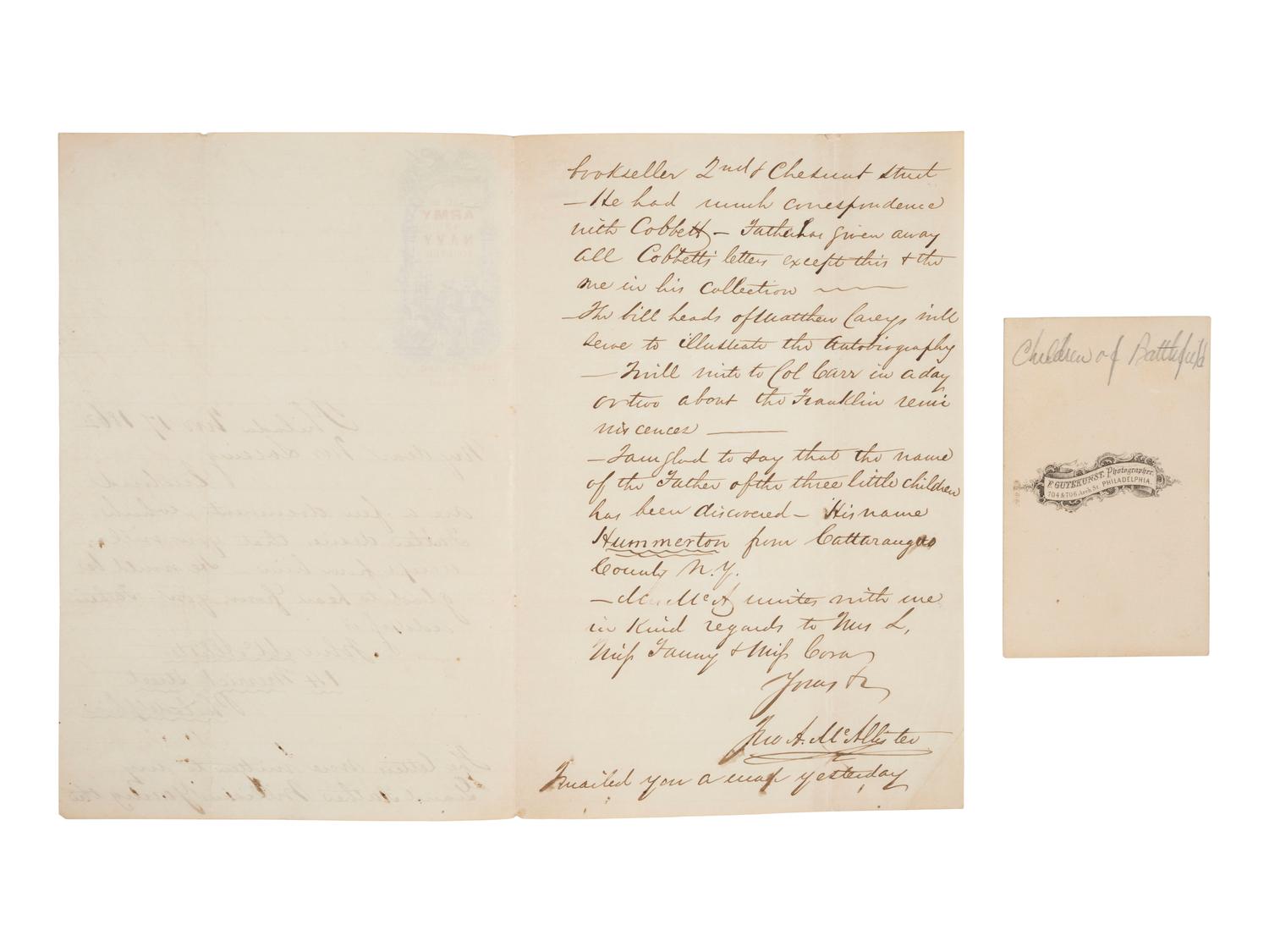 [CIVIL WAR]. "Children of the Battlefield" CDV & war-date letter revealing identify of the father.