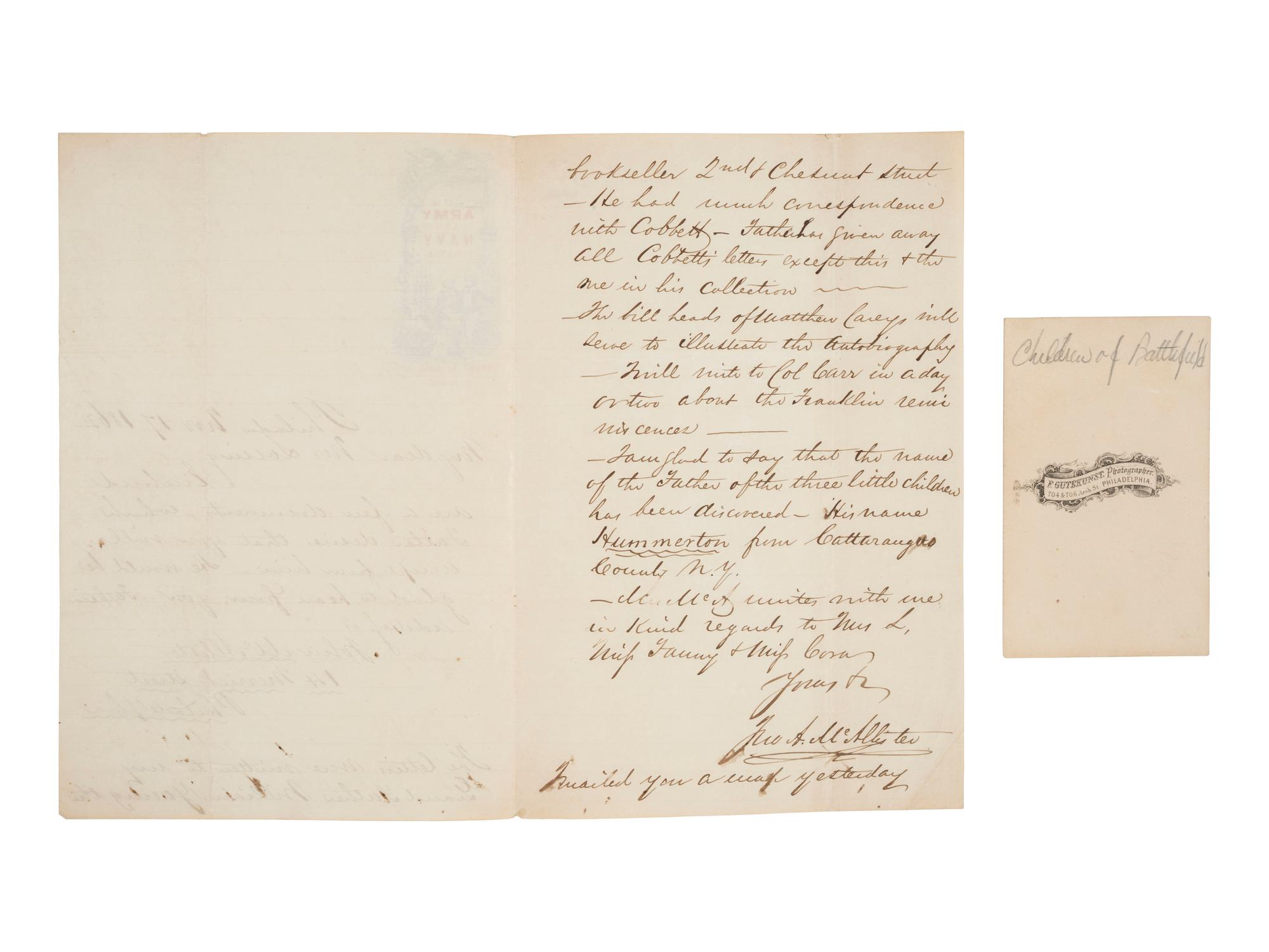 [CIVIL WAR]. "Children of the Battlefield" CDV & war-date letter revealing identify of the father.
