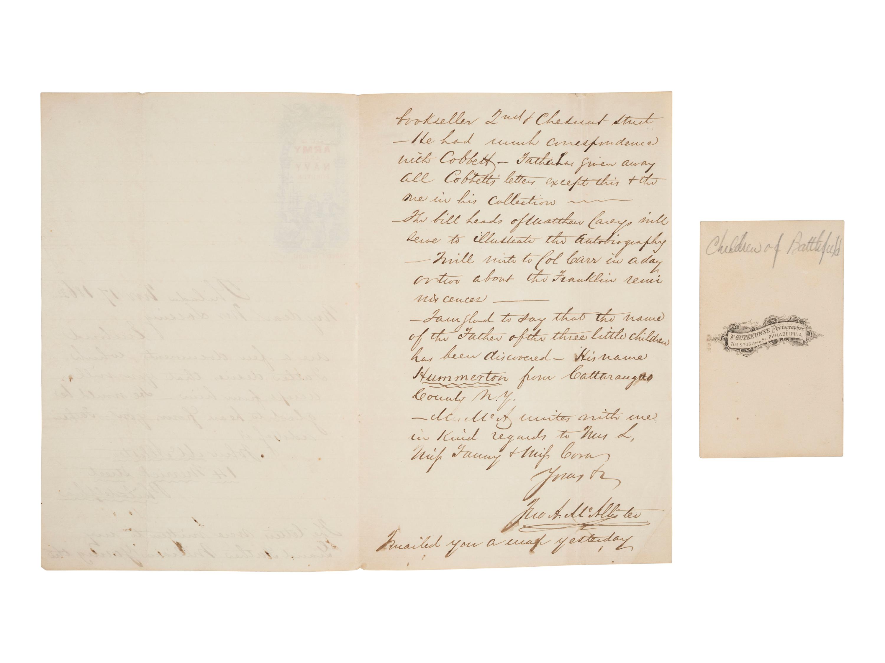 [CIVIL WAR]. "Children of the Battlefield" CDV & war-date letter revealing identify of the father.