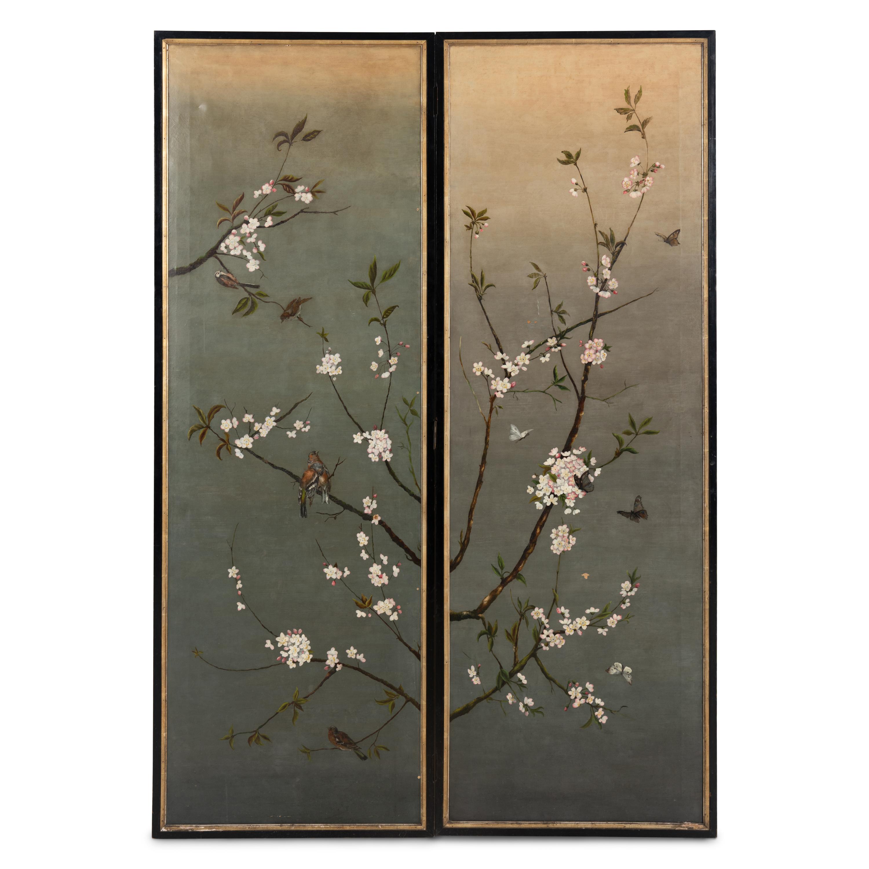 A Pair of Painted Canvas Wall Panels