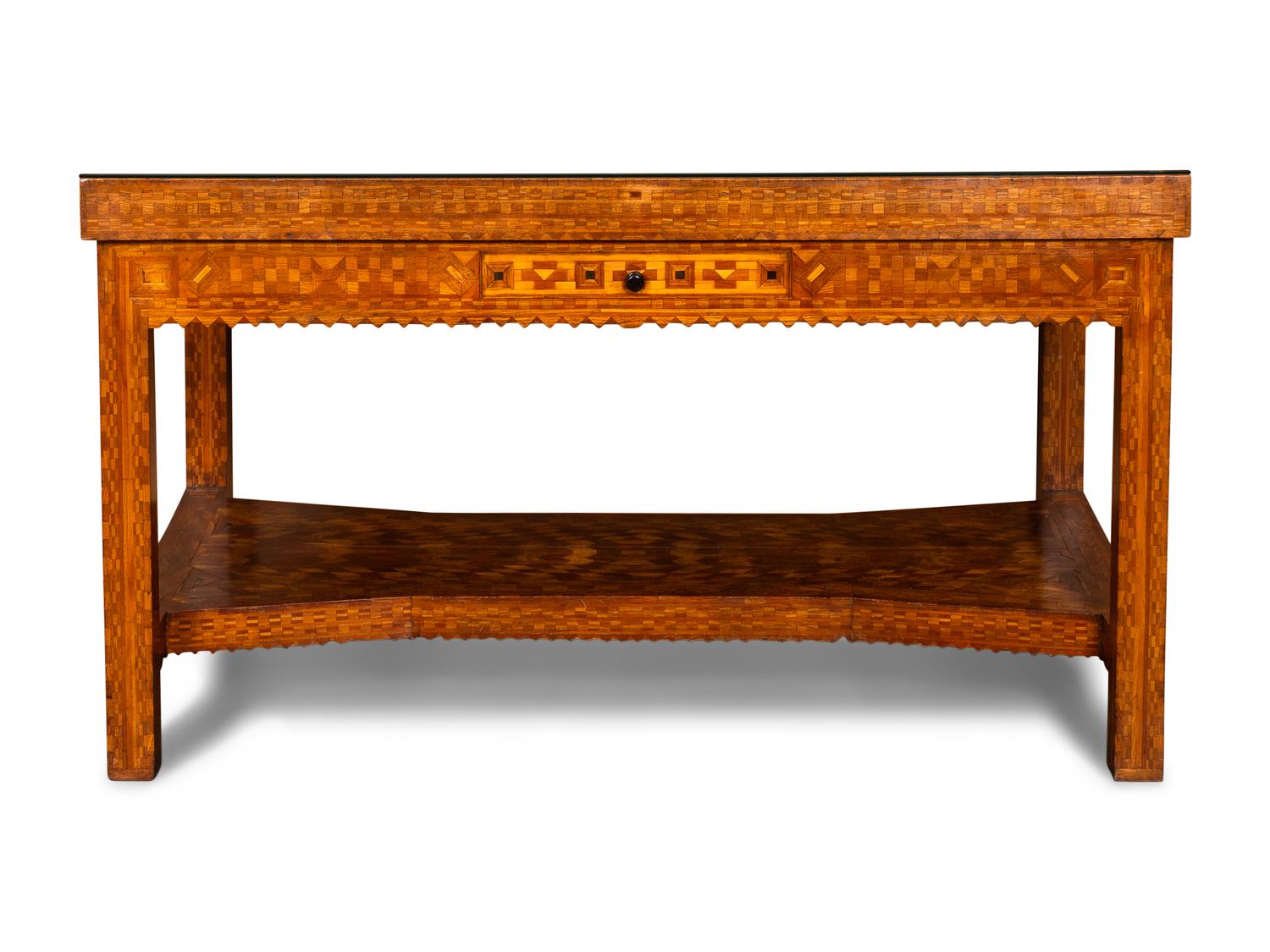 A Fine Tramp Art Parquetry Library Table and Book, Tramp Art: One Notch at a Time by Clifford Wallach