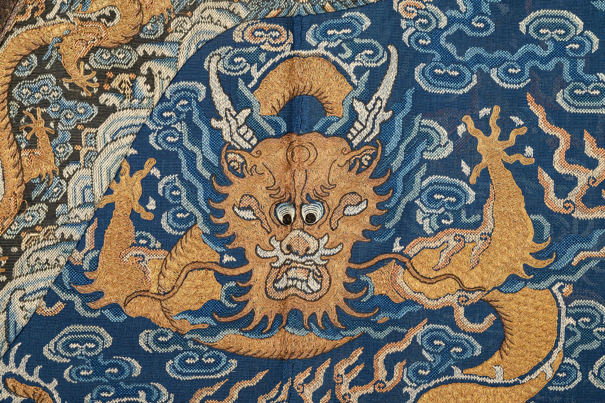 A Blue Ground Embroidered Silk Gauze Summer 'Dragon' Robe, Jifu