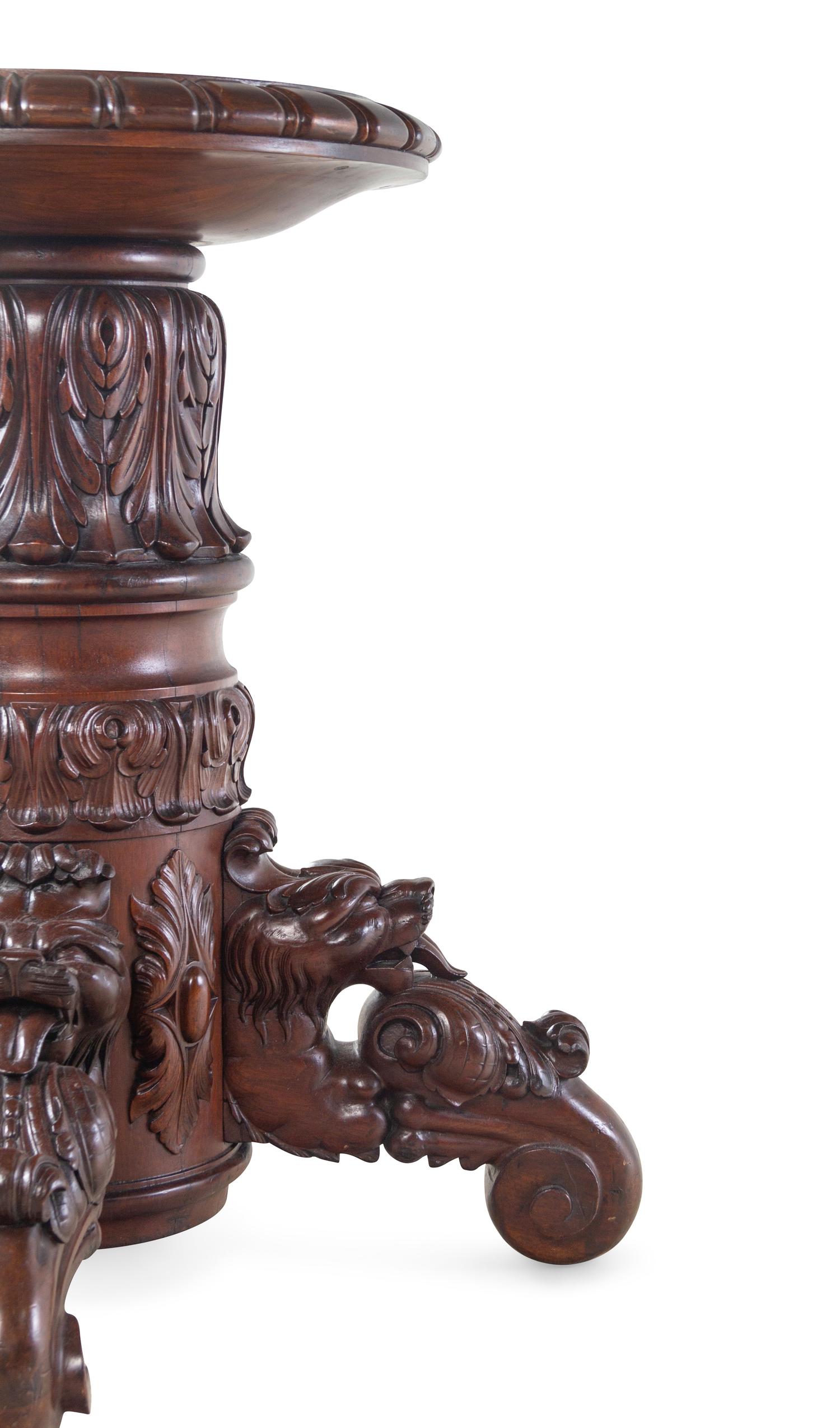 A Renaissance Revival Mask and Acanthus Carved Mahogany Pedestal Table