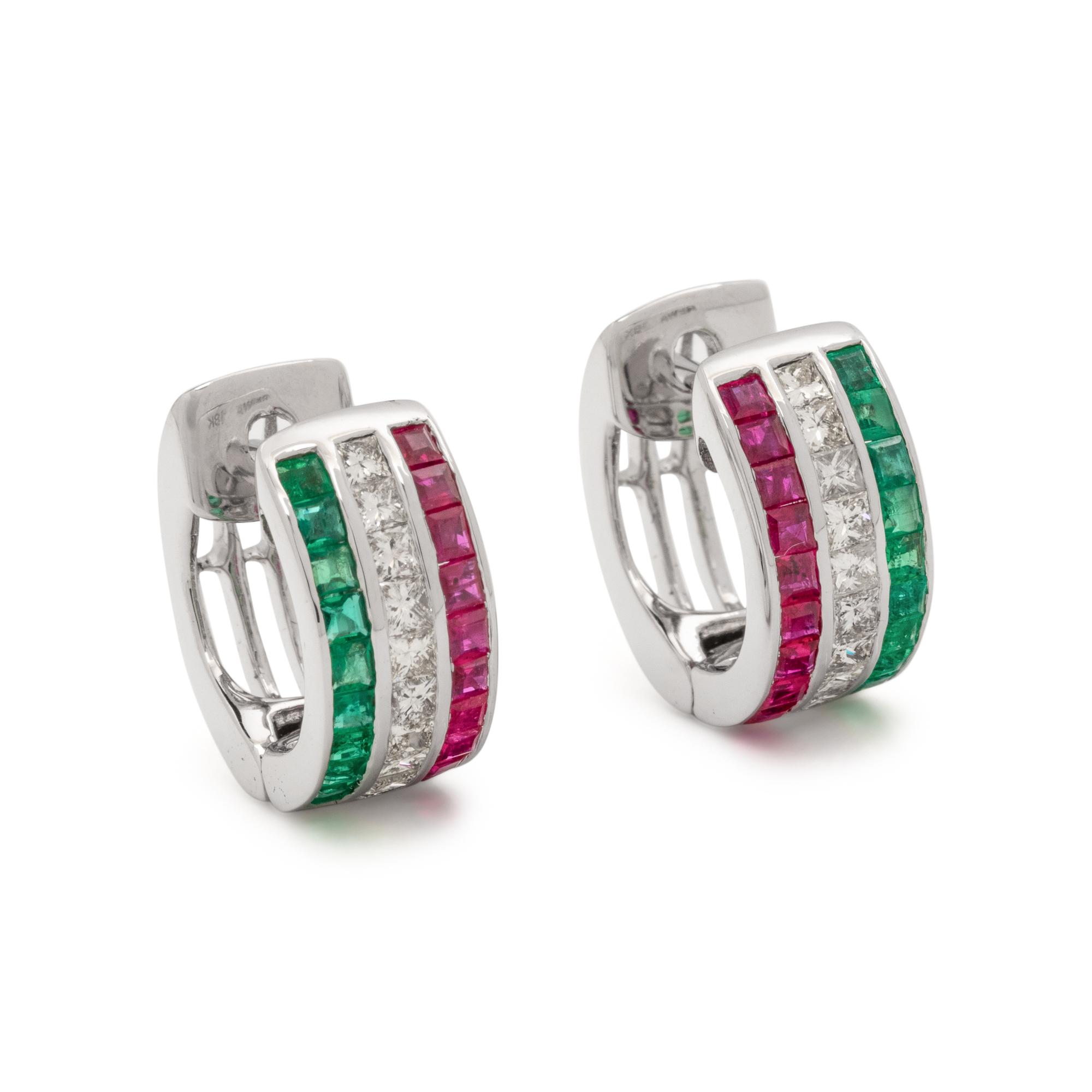 DIAMOND, RUBY AND EMERALD HUGGIE EARRINGS