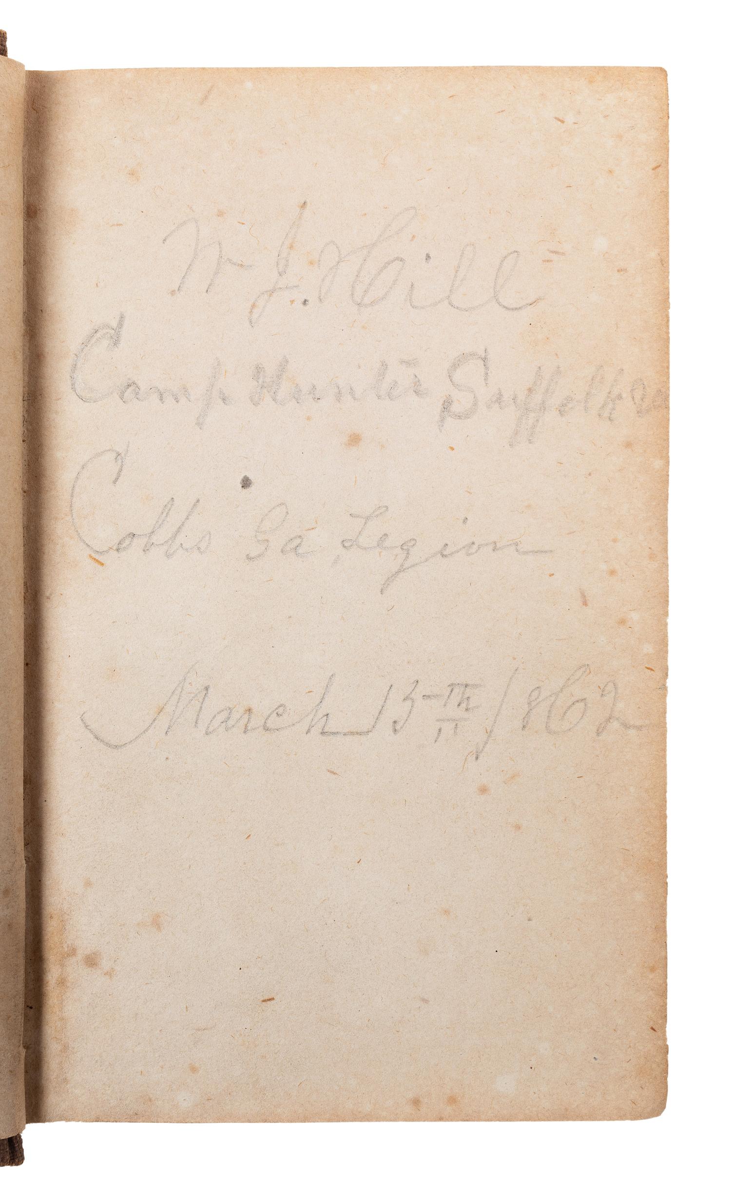 [CIVIL WAR]. Confederate New Testament identified to W.J. Hill, Cobb's Georgia Legion, recovered at Petersburg, VA, 20 April 1863.