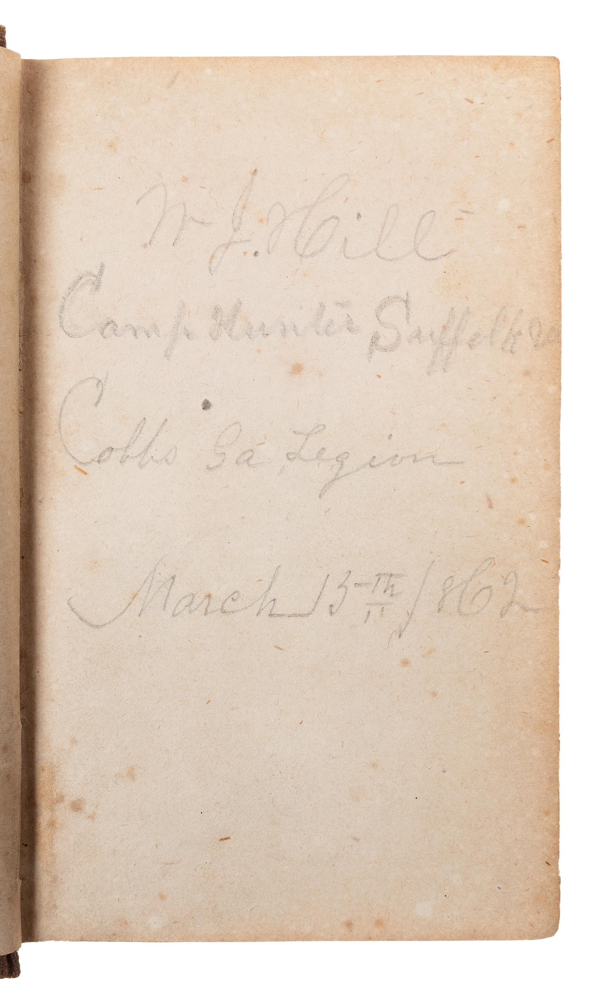 [CIVIL WAR]. Confederate New Testament identified to W.J. Hill, Cobb's Georgia Legion, recovered at Petersburg, VA, 20 April 1863.