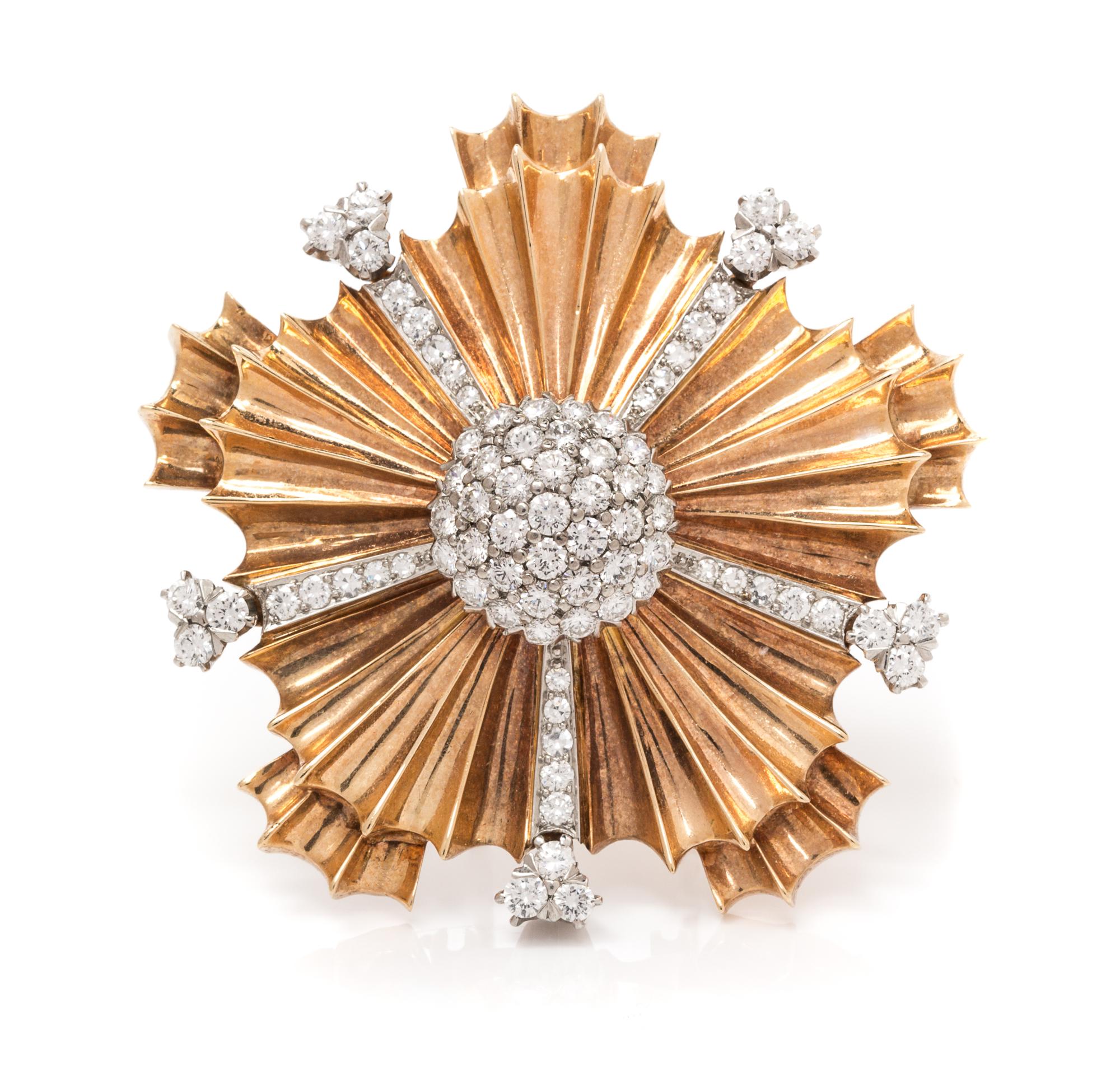 A Retro Rose Gold, Platinum and Diamond Brooch, Tiffany & Co., 28.30 dwts.