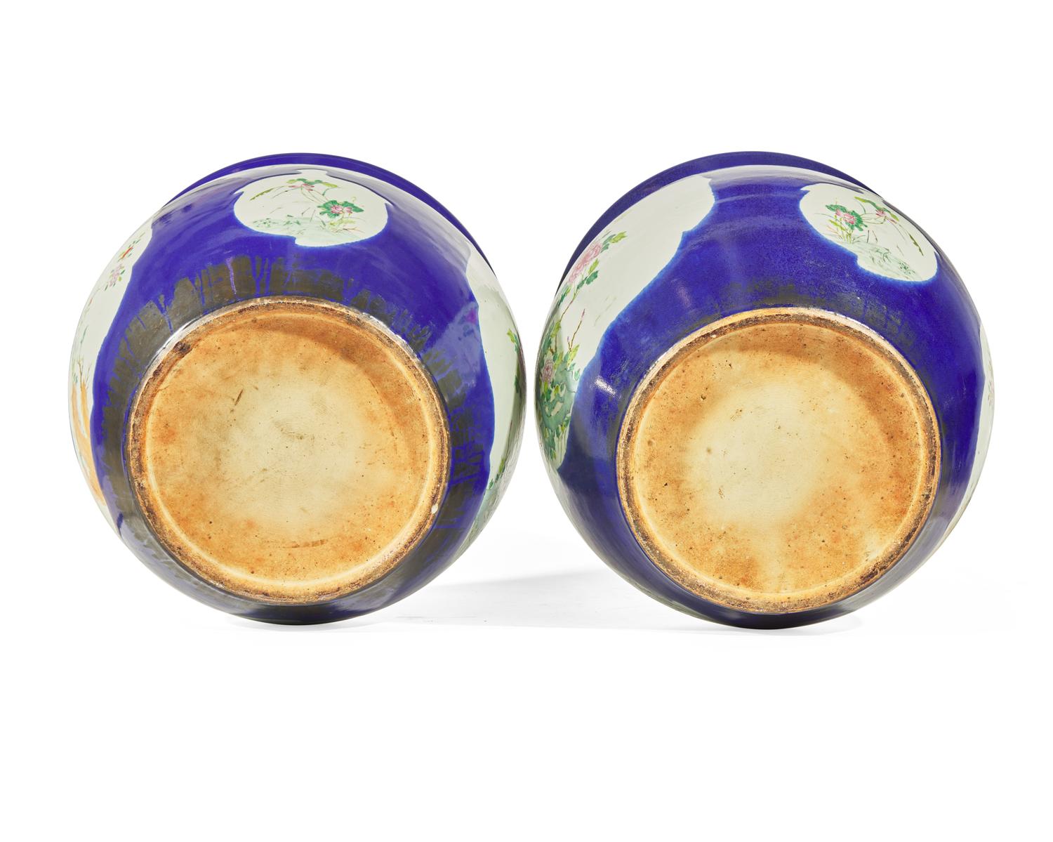 A pair of large Chinese Famille Rose-decorated cobalt-ground jardinières, late Qing to Republic period