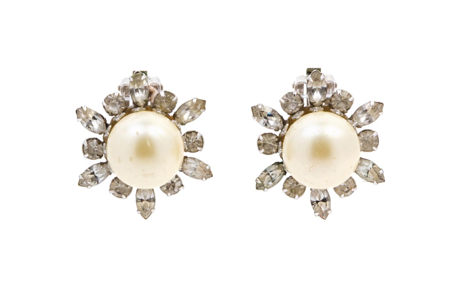 A Pair of Scassi Faux Pearl and Clear Rhinestone Earclips,
