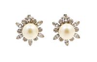 A Pair of Scassi Faux Pearl and Clear Rhinestone Earclips,
