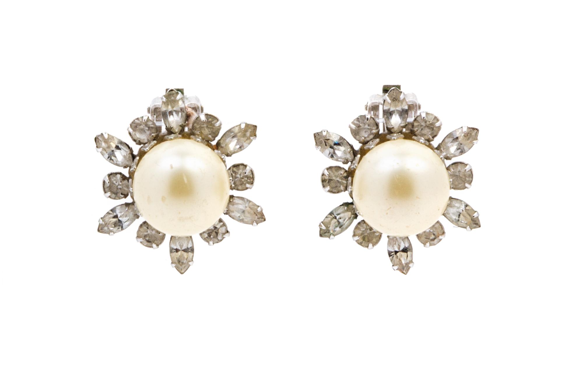 A Pair of Scassi Faux Pearl and Clear Rhinestone Earclips,