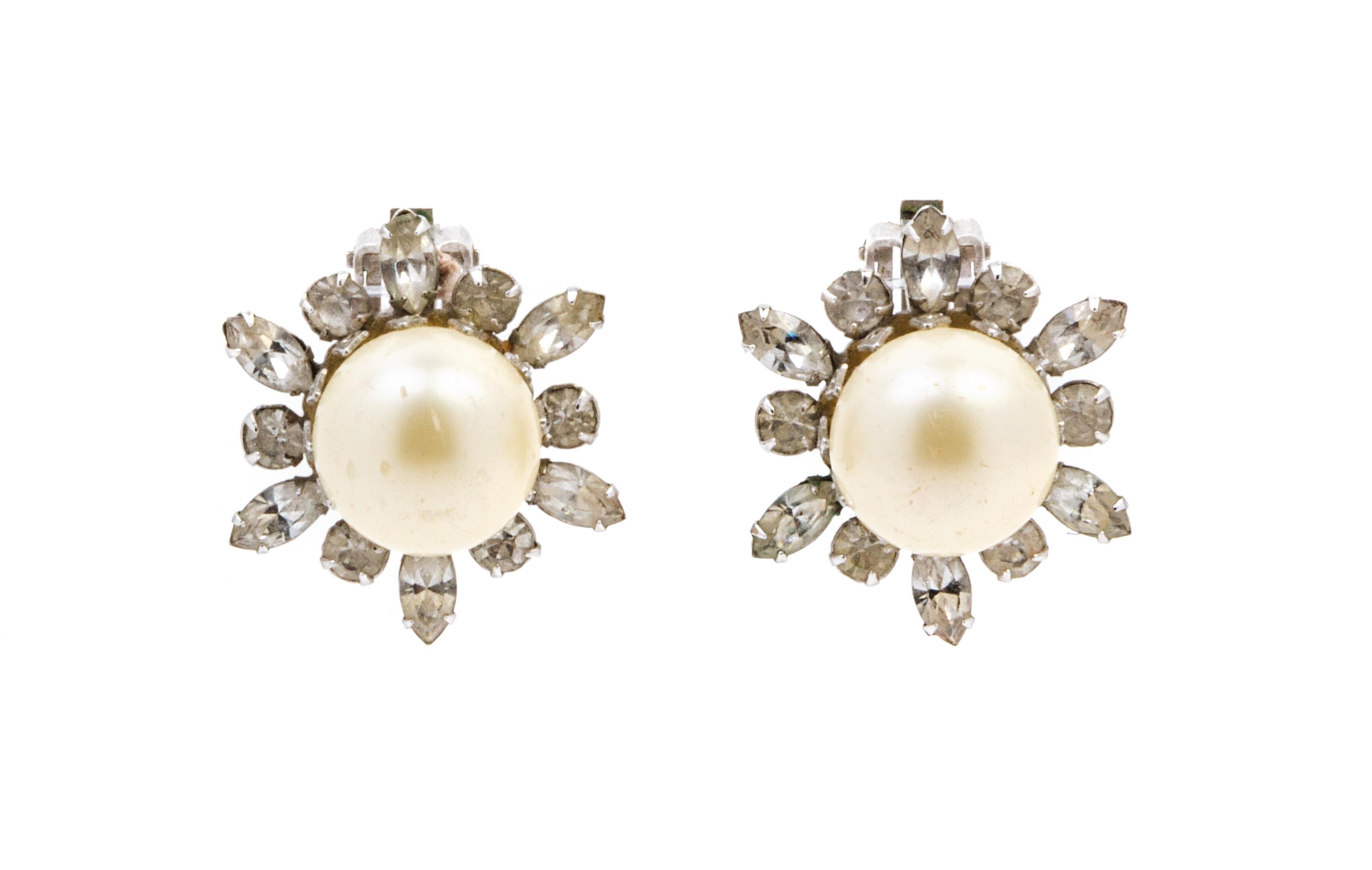 A Pair of Scassi Faux Pearl and Clear Rhinestone Earclips,