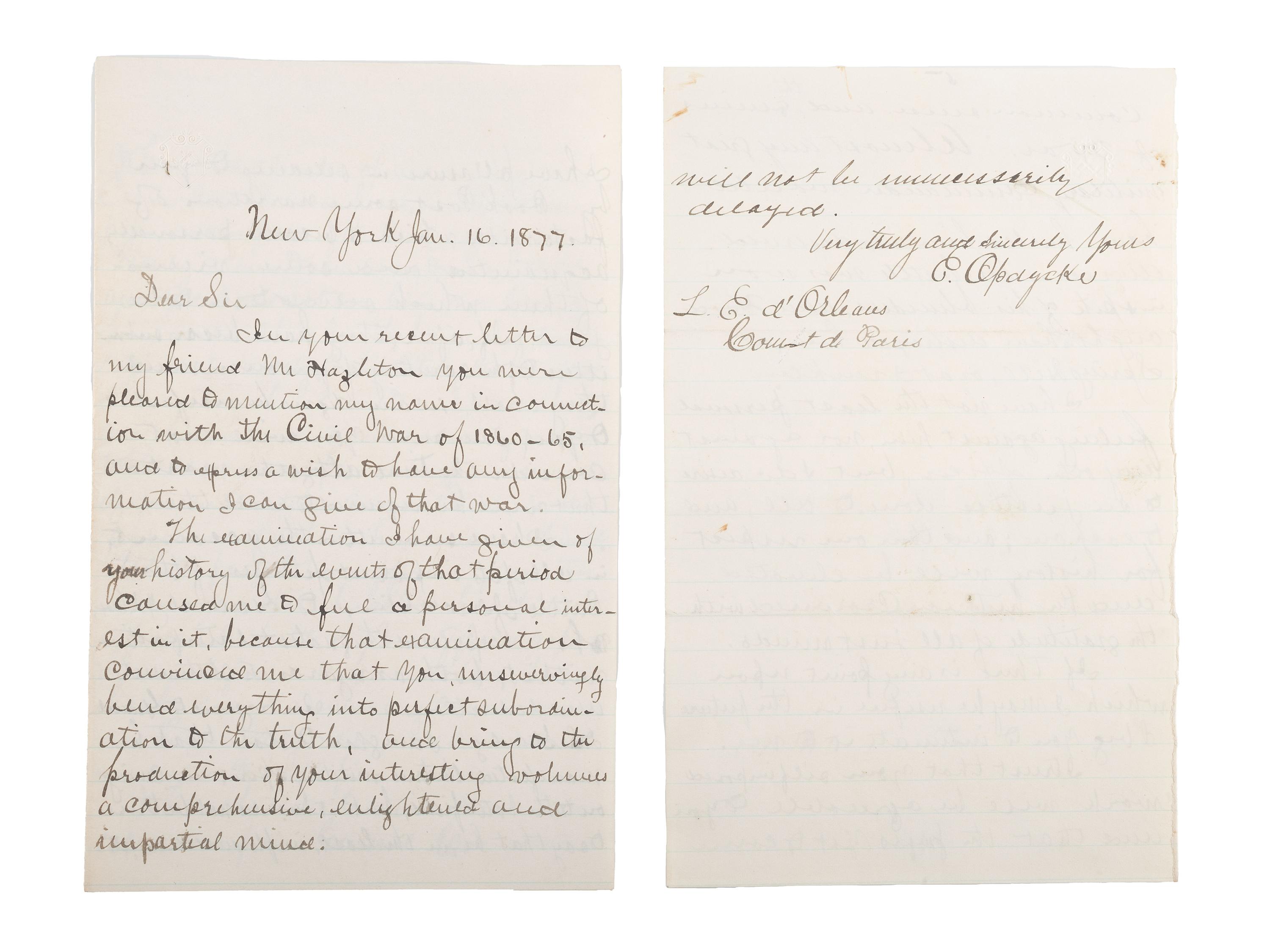 [CIVIL WAR]. Military reports, maps, post-war letters from Union and Confederate officers, and other papers gathered by Union Army officer Louis-Philippe-Albert d'Orléans, comte de Paris (1838-1894), while conducting research for his book History of the Civil War in America .