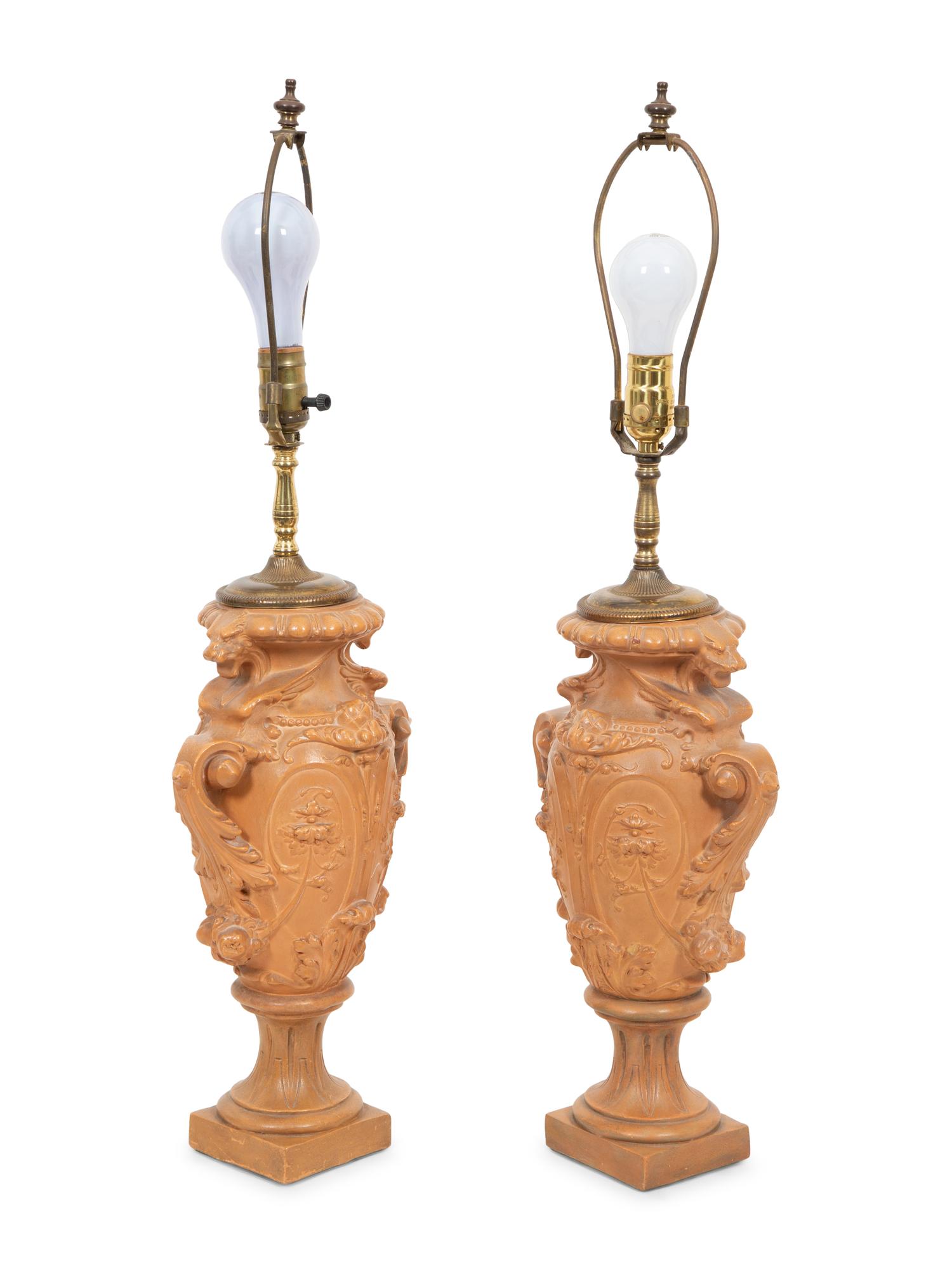 A Pair of Glazed Terracotta Vases now Mounted as Lamps