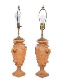 A Pair of Glazed Terracotta Vases now Mounted as Lamps