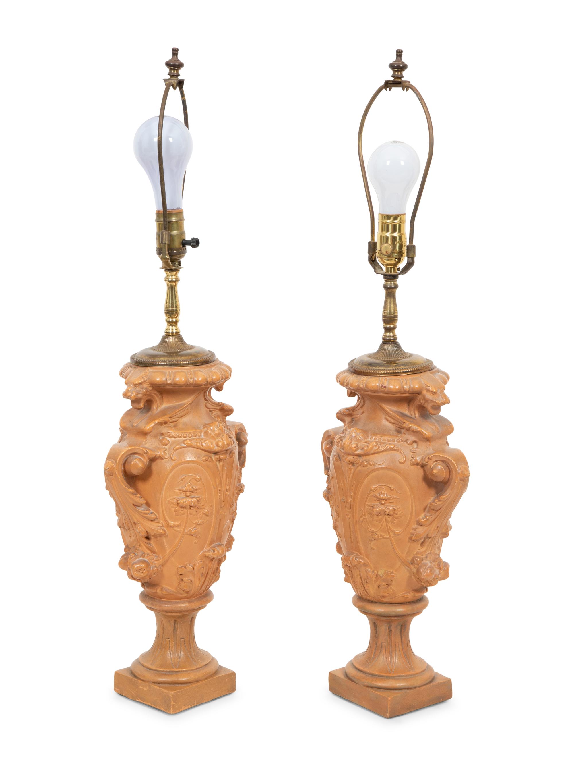 A Pair of Glazed Terracotta Vases now Mounted as Lamps