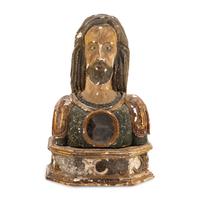 A Spanish Carved Wood and Polychrome Decorated Reliquary Bust