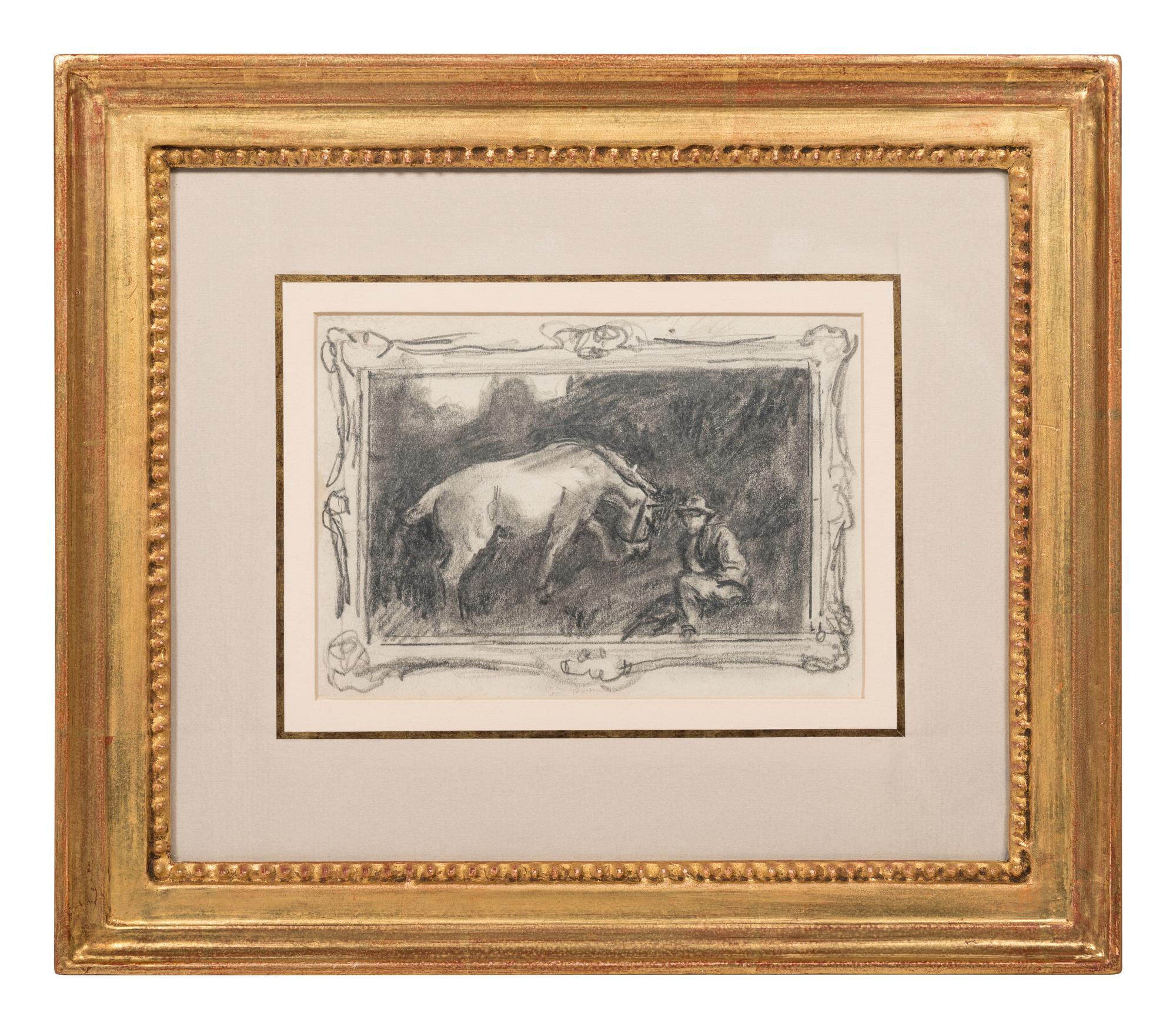 Sketch of "The Grey Pony, Augereau, in a Sandpit with Groom, George Curzon"