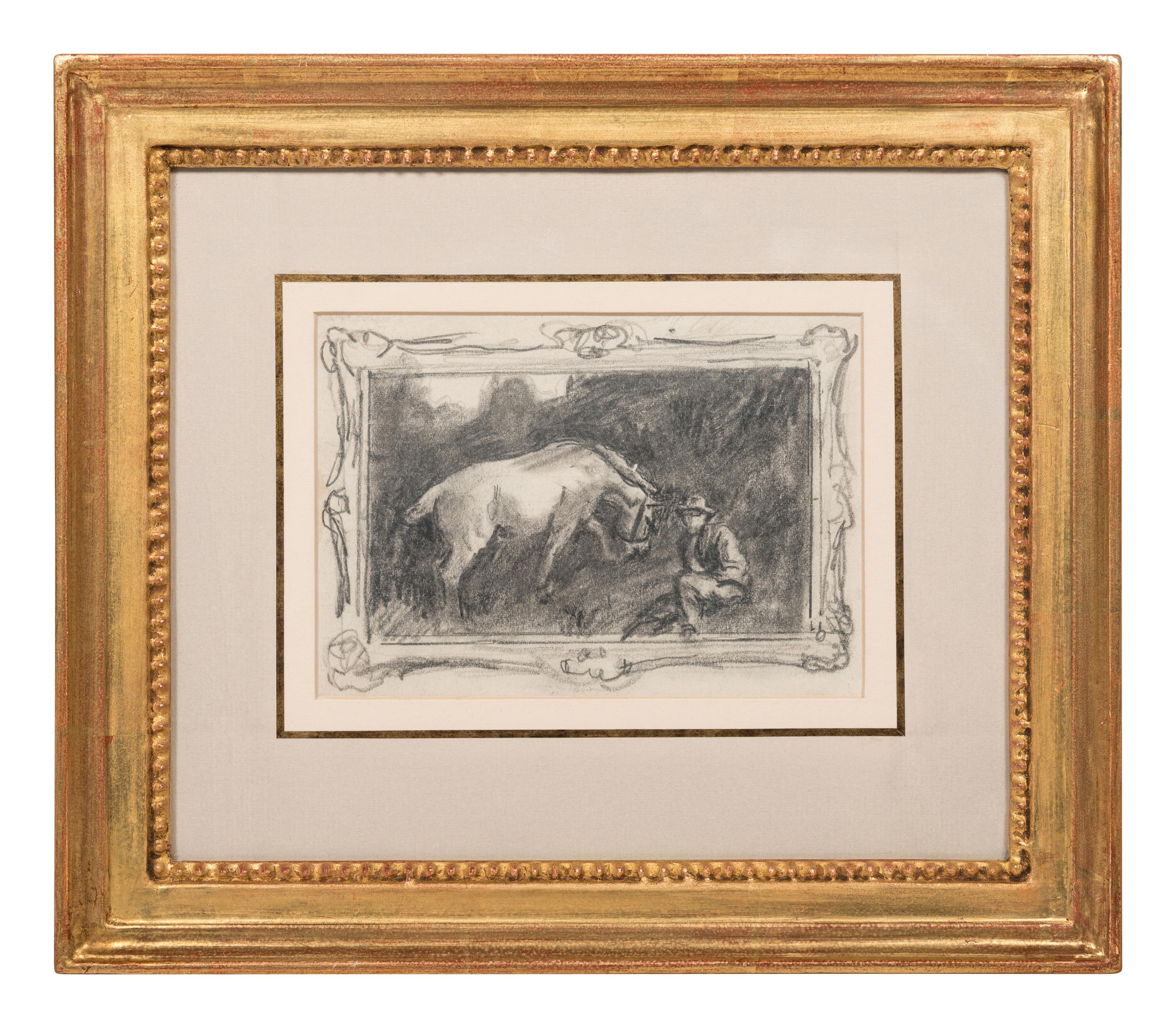 Sketch of "The Grey Pony, Augereau, in a Sandpit with Groom, George Curzon"