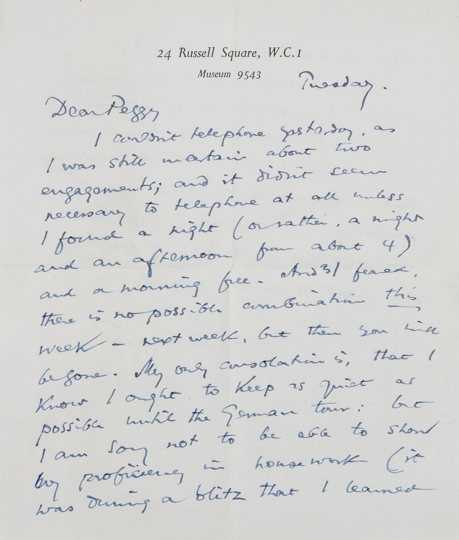ELIOT, Thomas Stearns. Autographed letter signed ("Tom"), London, Tuesday n.d., but envelope postmarked 21 September 1949].