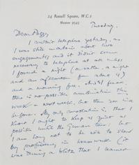 ELIOT, Thomas Stearns. Autographed letter signed ("Tom"), London, Tuesday n.d., but envelope postmarked 21 September 1949].