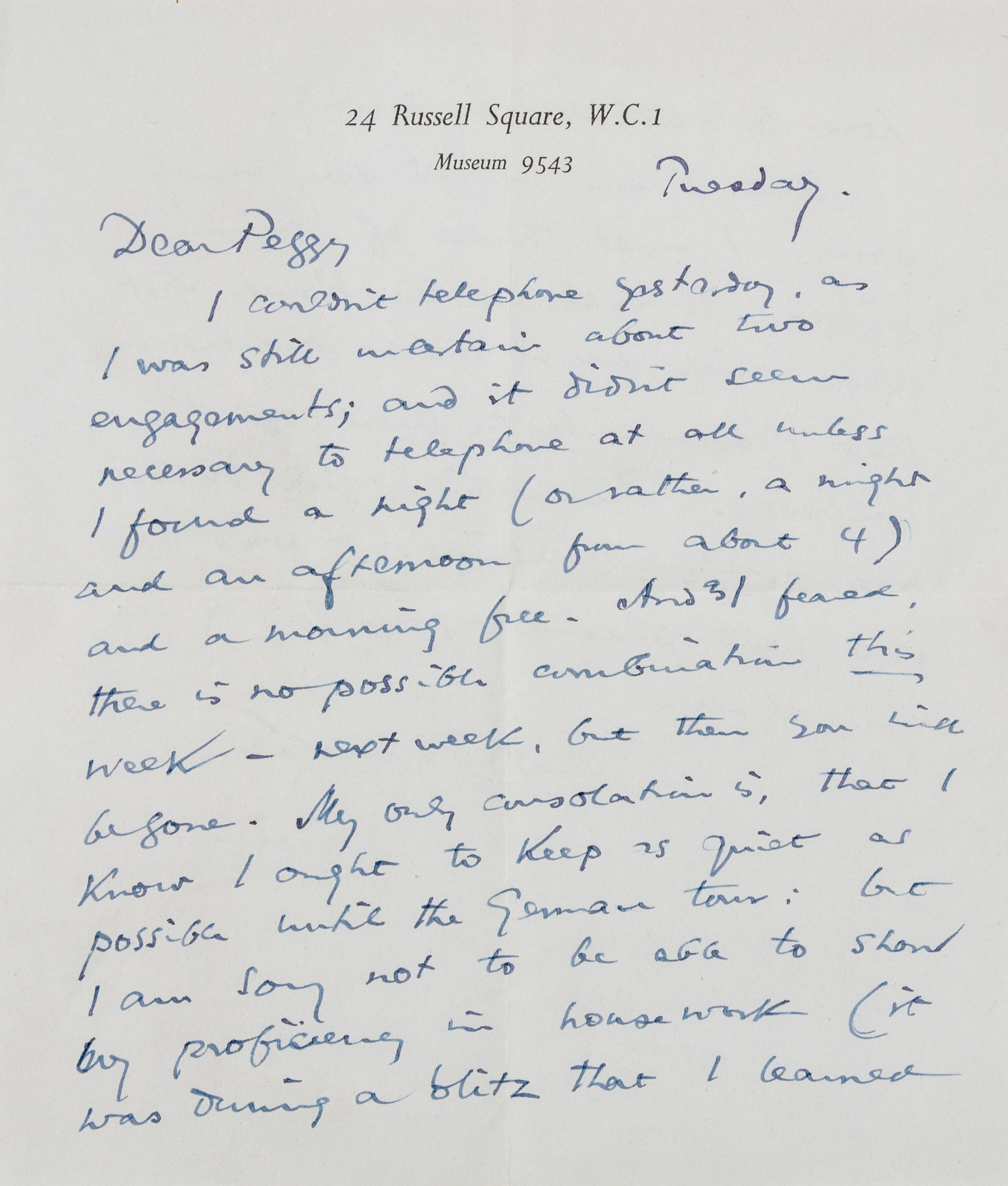ELIOT, Thomas Stearns. Autographed letter signed ("Tom"), London, Tuesday n.d., but envelope postmarked 21 September 1949].
