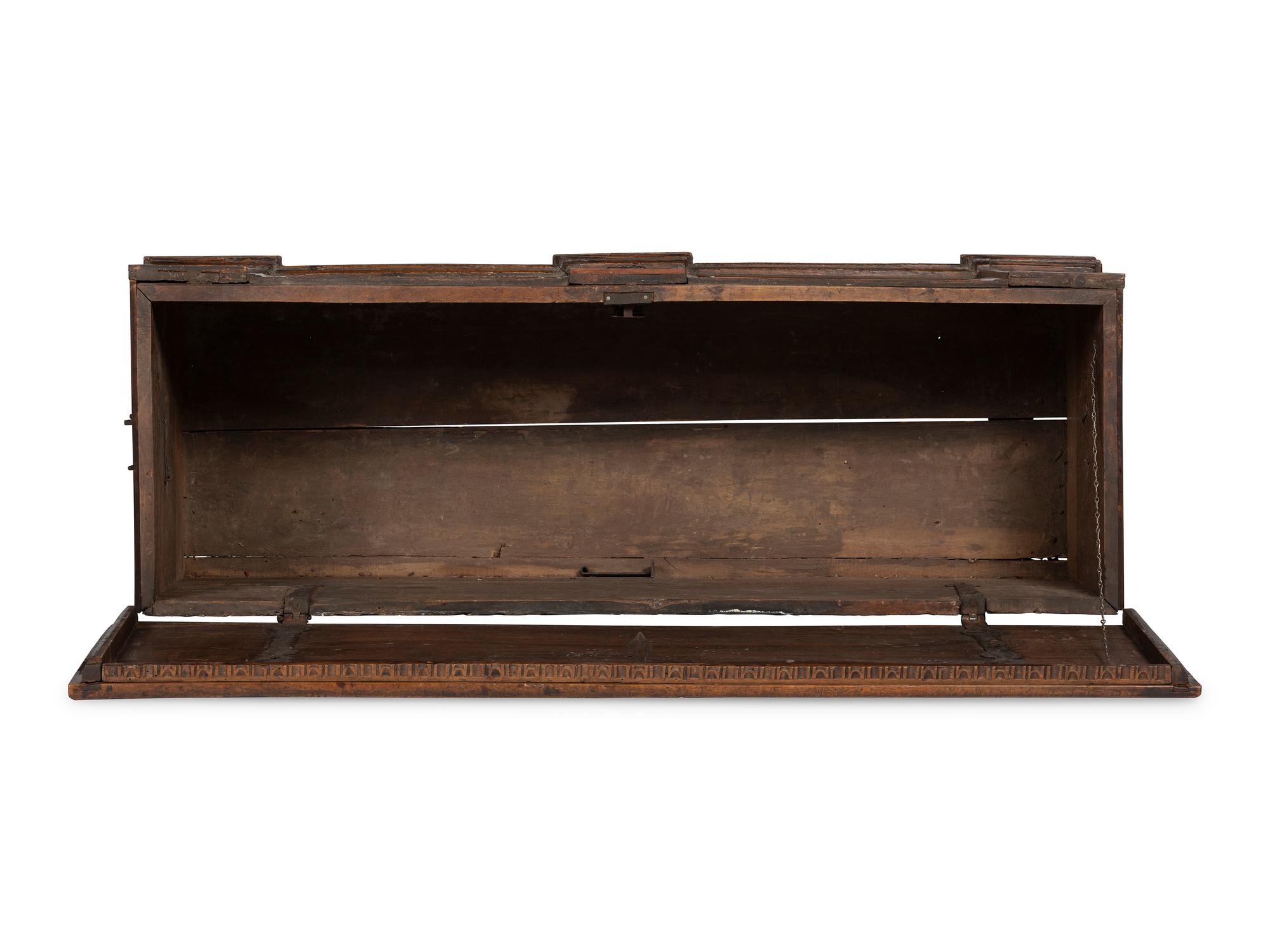 An Italian Wrought-Iron Mounted Carved Walnut Cassone