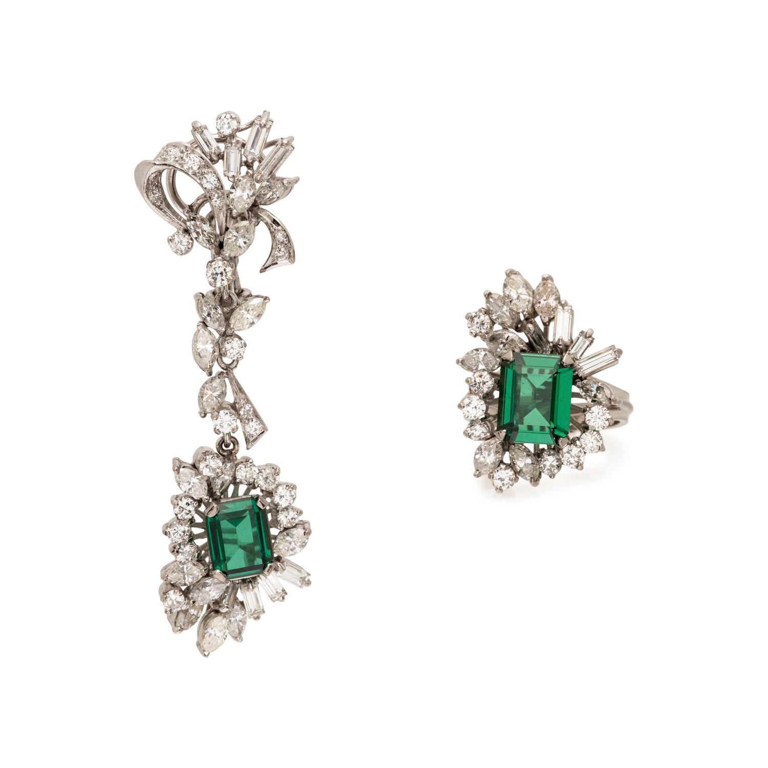 DIAMOND AND SYNTHETIC SPINEL TRIPLET RING AND SINGLE EARRING
