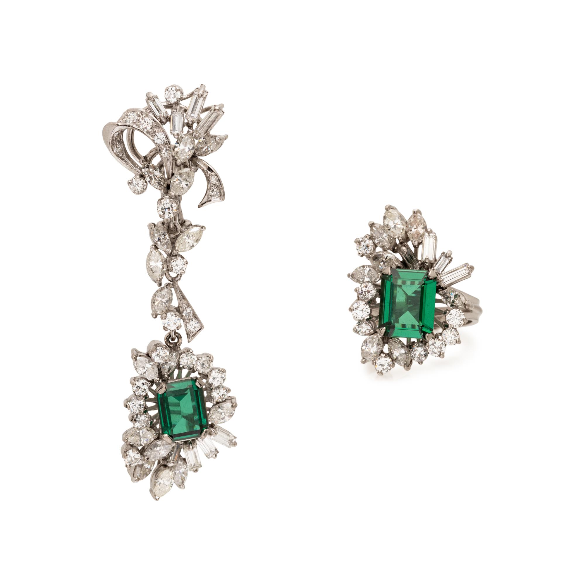 DIAMOND AND SYNTHETIC SPINEL TRIPLET RING AND SINGLE EARRING