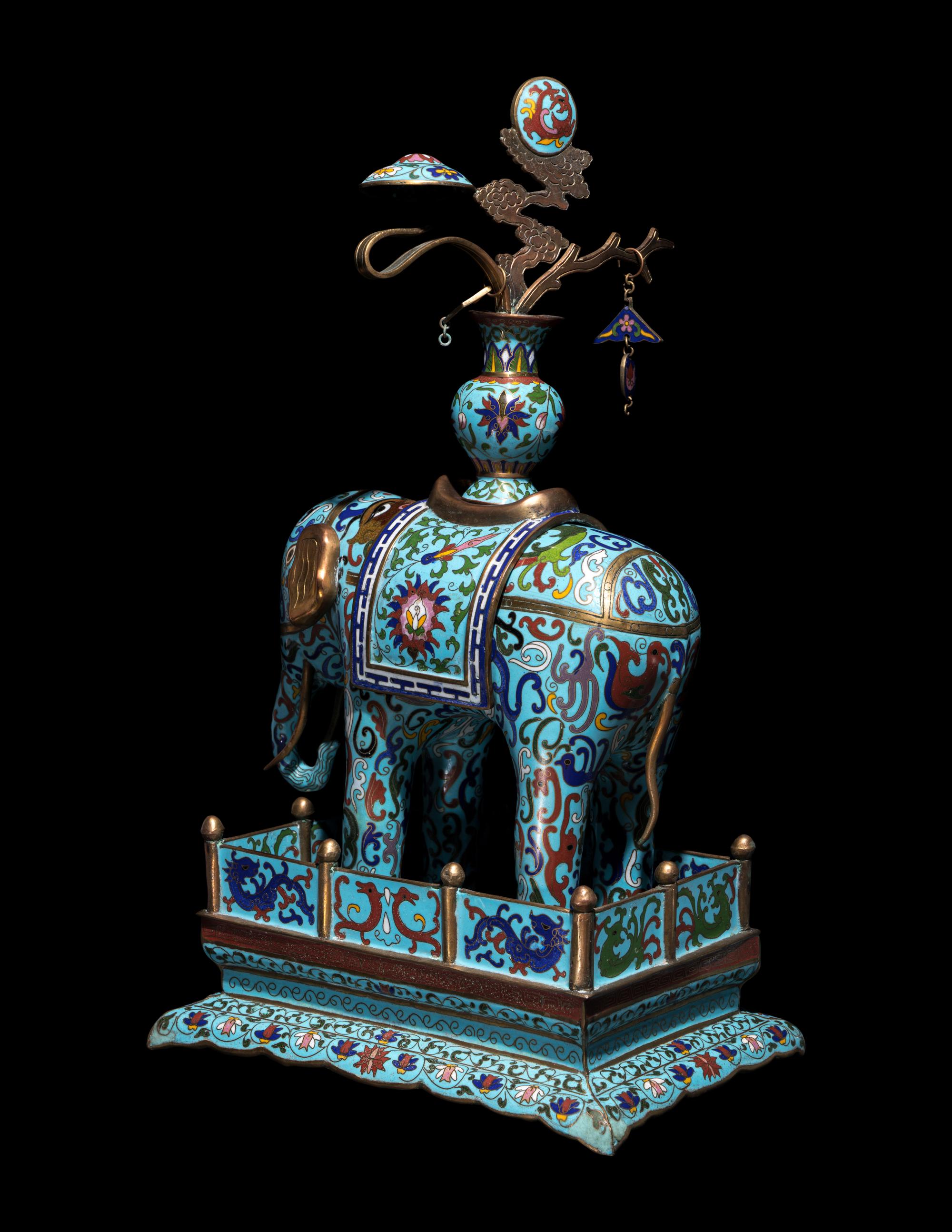A Pair of Chinese Cloisonné Enamel Figures of Caparisoned Elephants