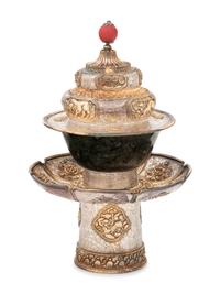 A Tibetan Silver and Spinach Jade Tea Set
