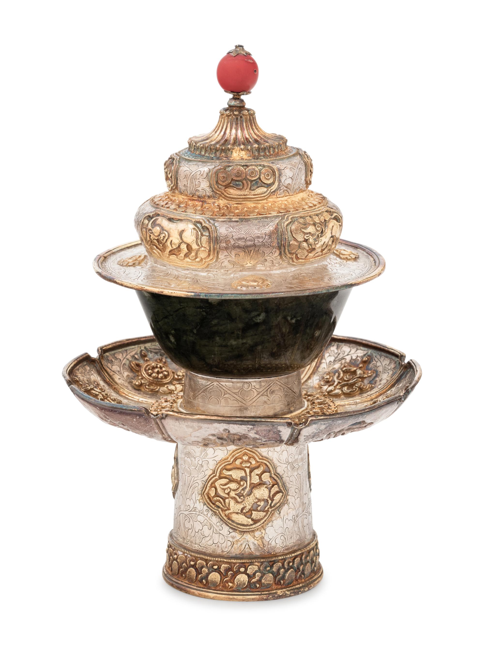 A Tibetan Silver and Spinach Jade Tea Set