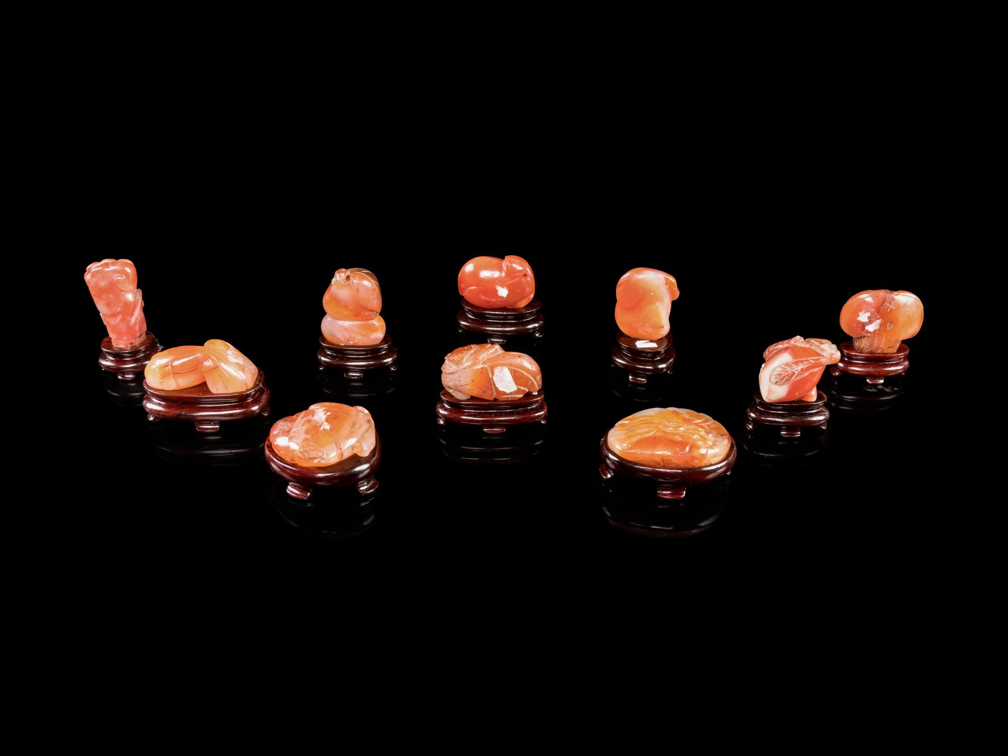 Ten Small Chinese Carnelian Agate Carvings