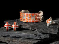 Zuni Silver and Channel Inlay Coral Cuff Bracelet, Ring, and Post Earrings