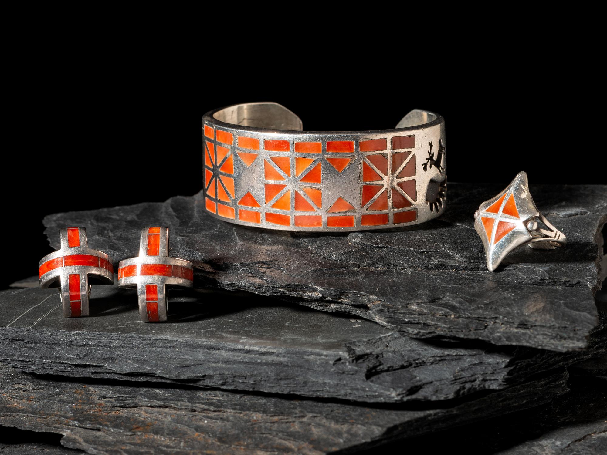 Zuni Silver and Channel Inlay Coral Cuff Bracelet, Ring, and Post Earrings
